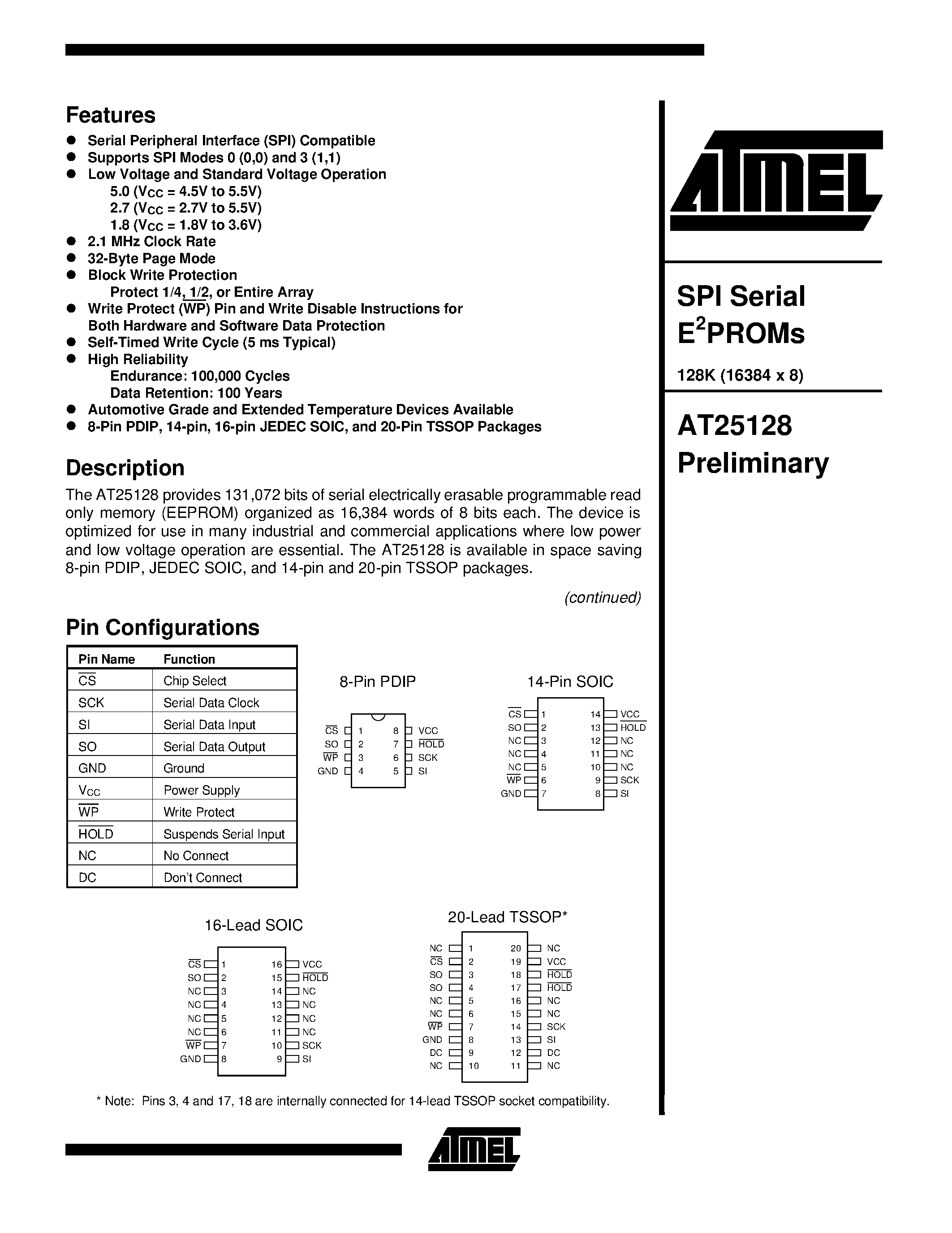 Даташит AT25128-10SC-1.8 - SPI Serial E2PROMs страница 1