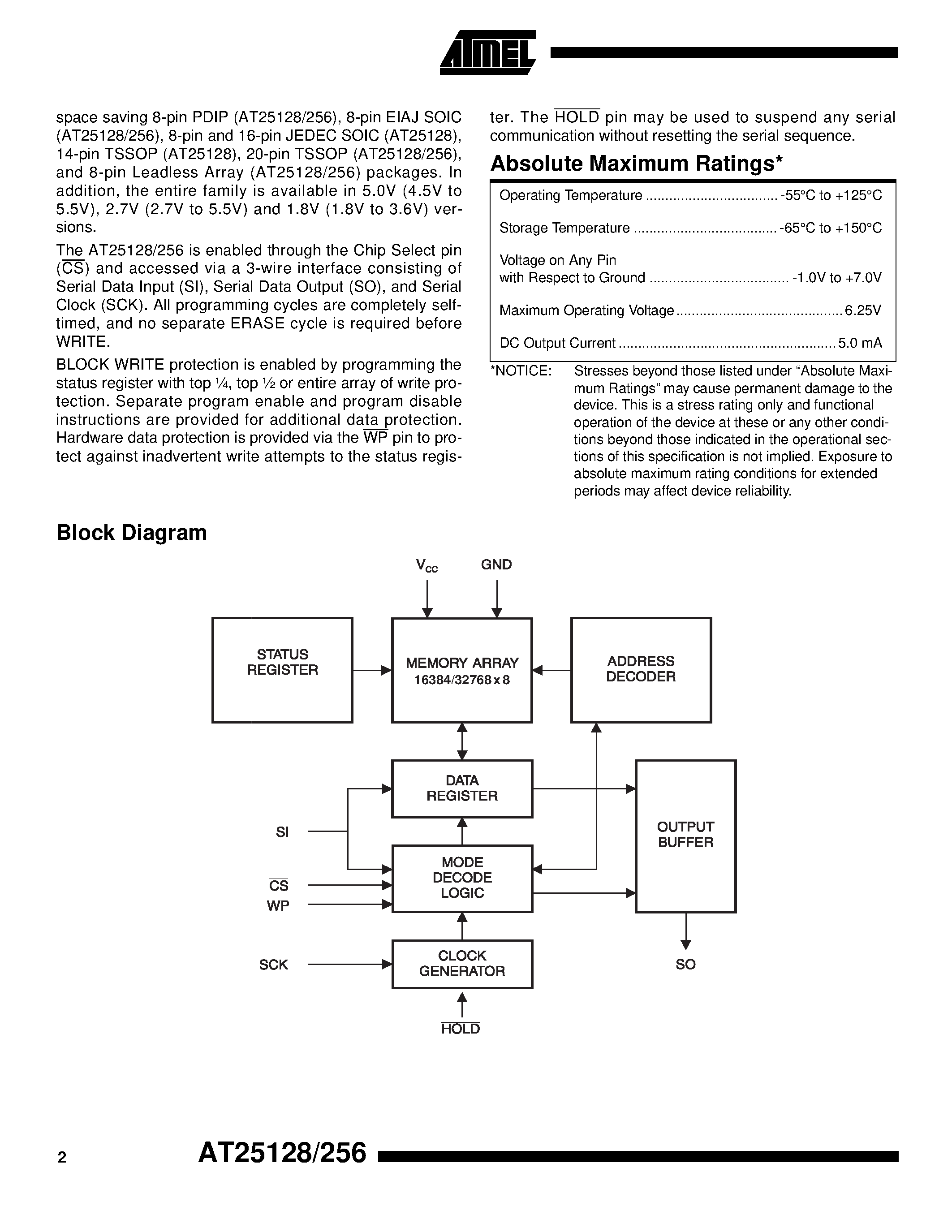 Даташит AT25256W-10SC-1.8 - SPI Serial EEPROMs страница 2