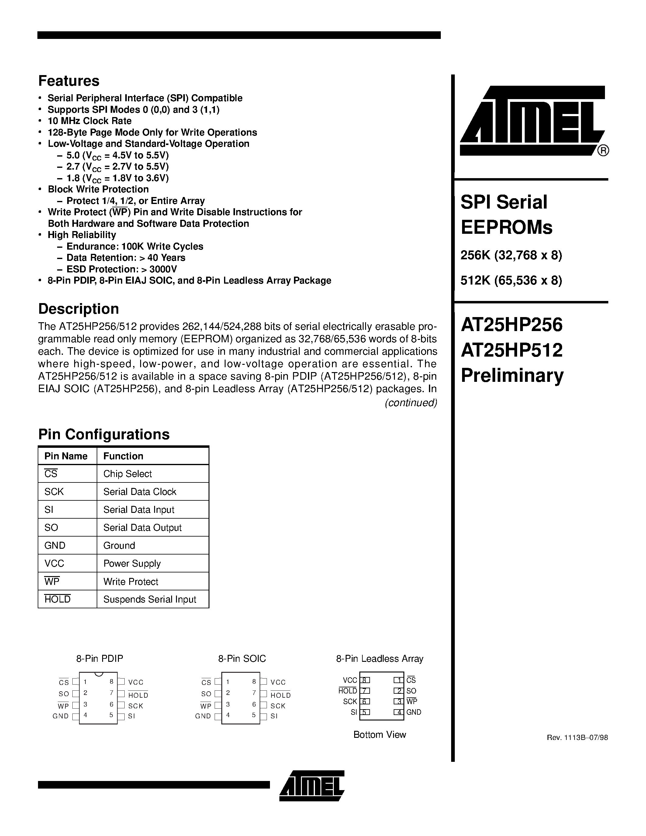 Даташит AT25HP256-10CC-1.8 - SPI Serial EEPROMs страница 1