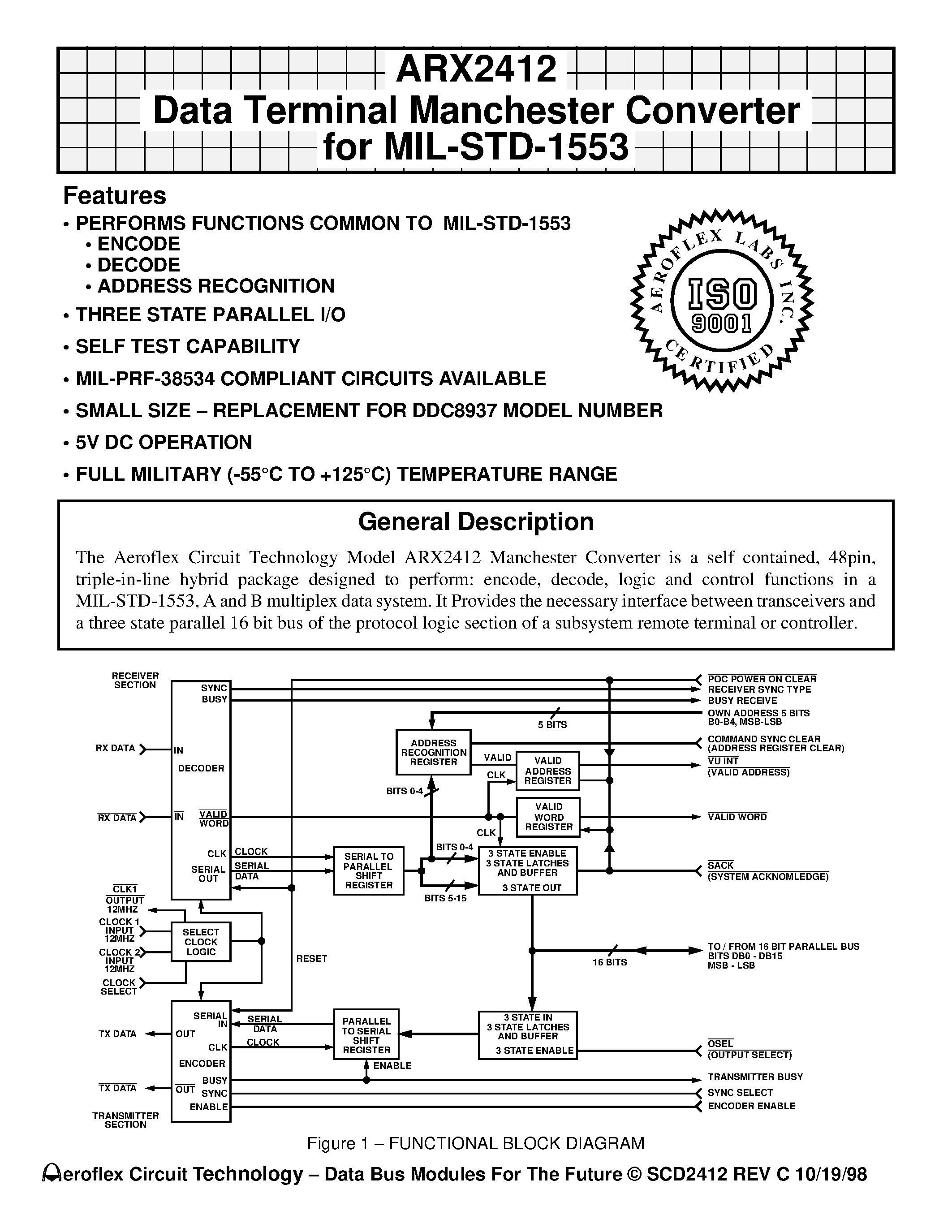 Даташит ARX2412 - ARX2412 Data Terminal Manchester Converter for MIL-STD-1553 страница 1