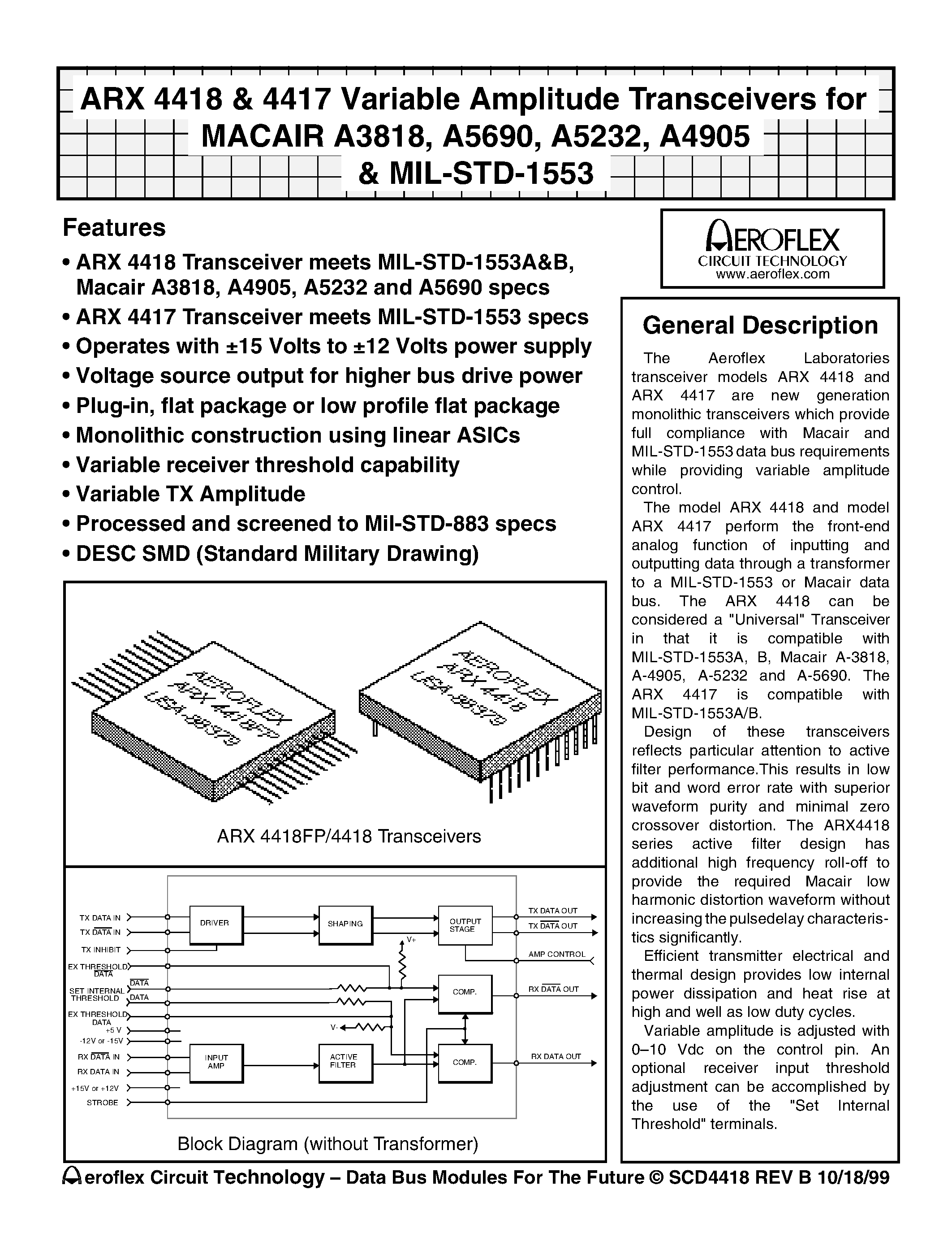 Даташит ARX4417 - ARX 4418 & 4417 Variable Amplitude Transceivers for MACAIR A3818/ A5690/ A5232/ A4905 & MIL-STD-1553 страница 1