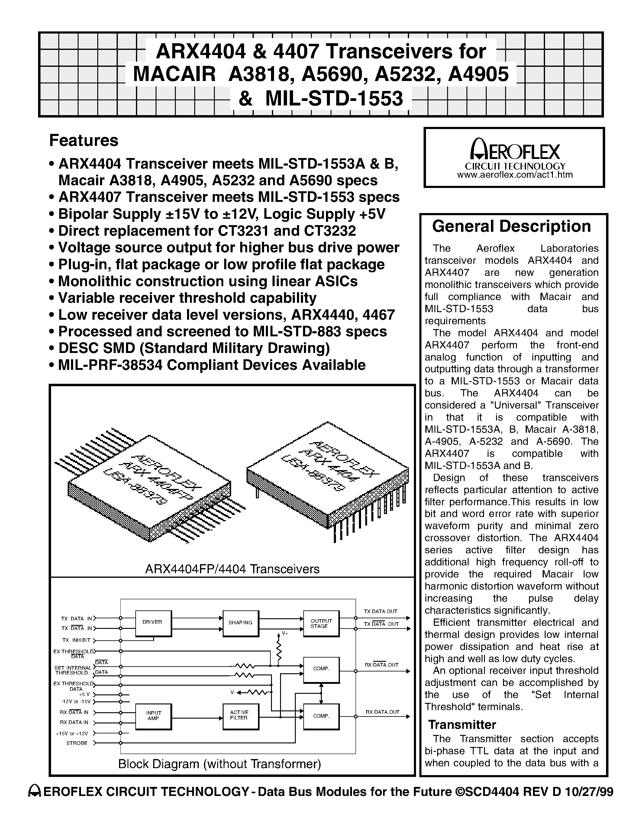 Даташит ARX4467 - ARX4404 & 4407 Transceivers for MACAIR A3818/ A5690/ A5232/ A4905 & MIL-STD-1553 страница 1
