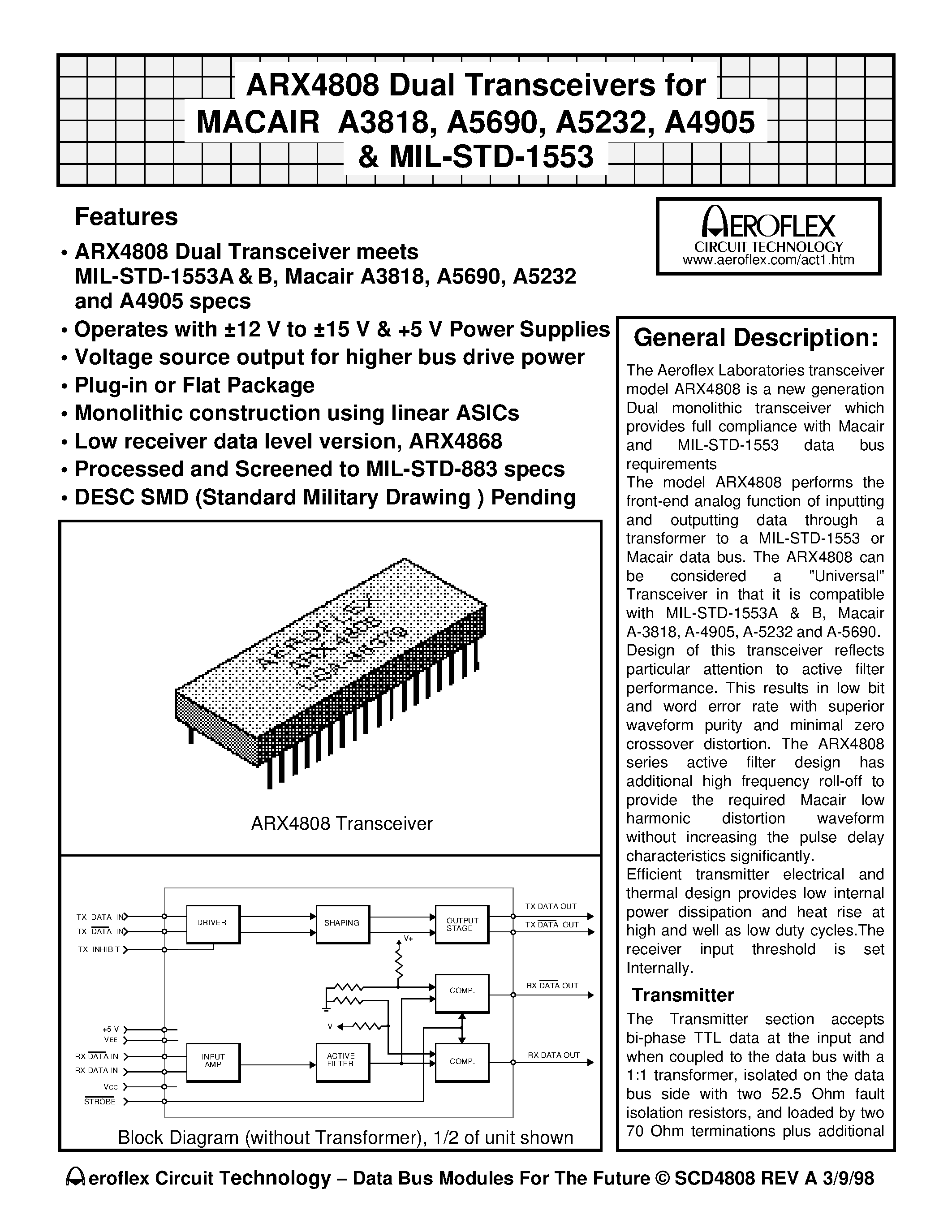 Даташит ARX4808 - VARX4808 Dual Transceivers for MACAIR A3818/ A5690/ A5232/ A4905 & MIL-STD-1553 страница 1