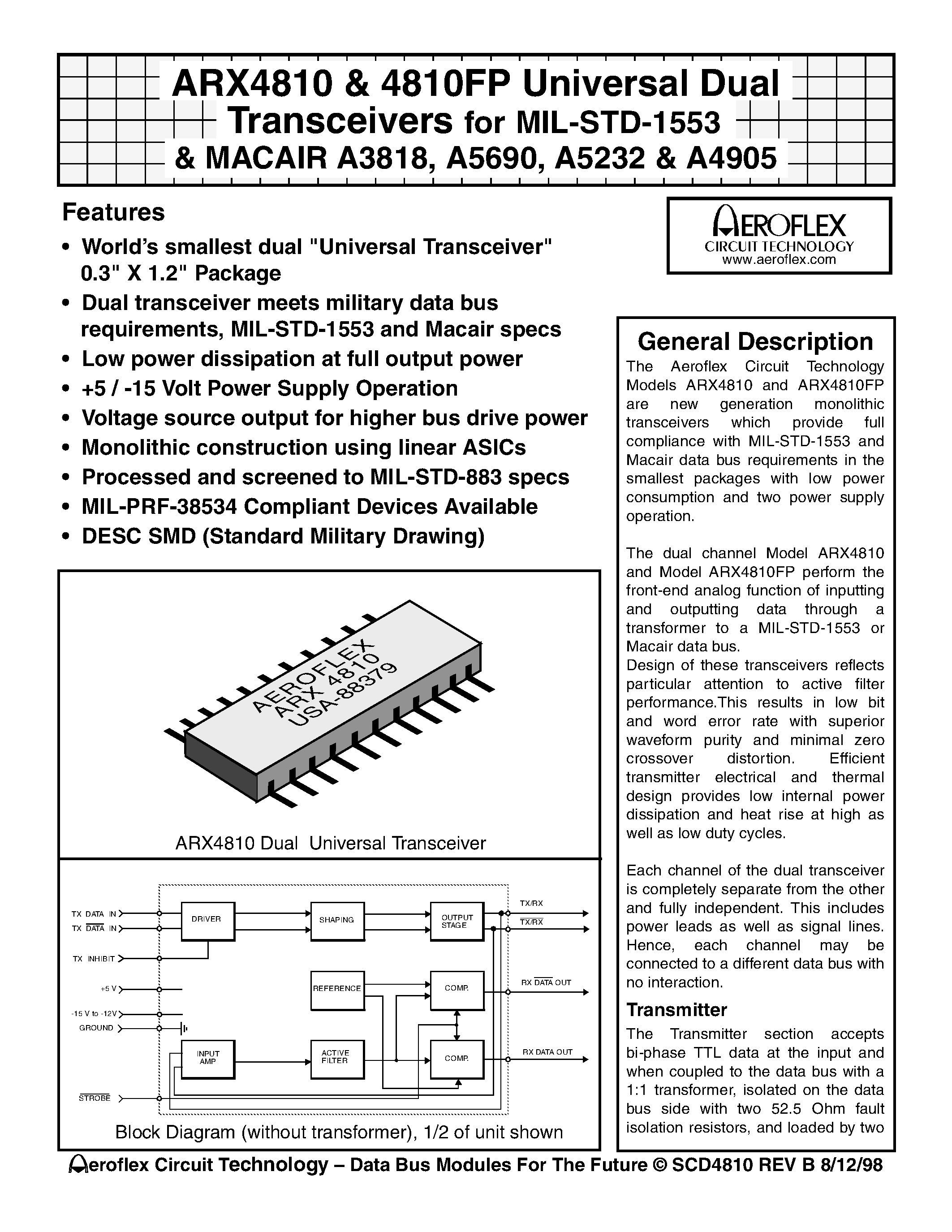 Даташит ARX4810 - ARX4810 & 4810FP Universal Dual Transceivers for MIL-STD-1553 & MACAIR A3818/ A5690/ A5232 & A4905 страница 1