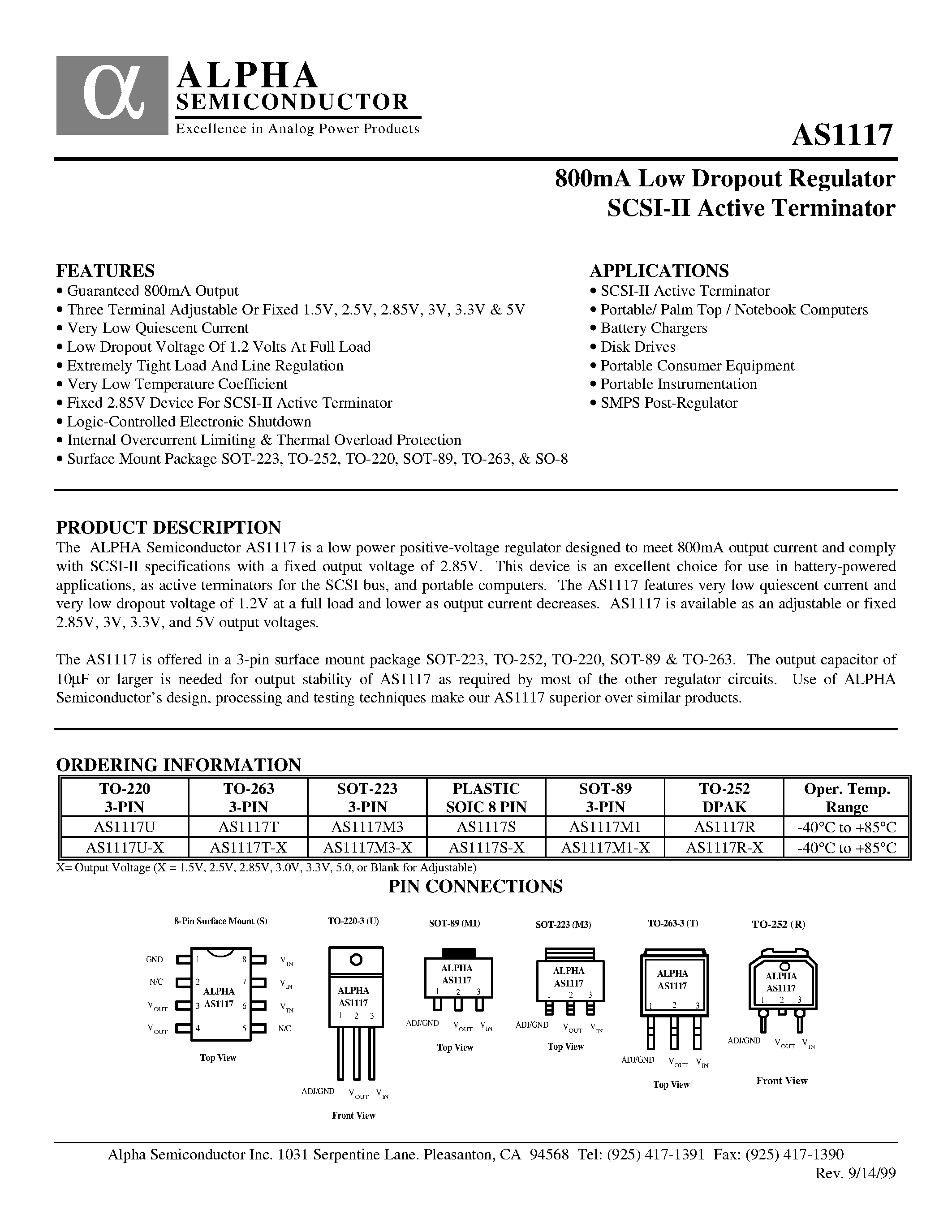 Datasheet AS1117T-X - 800mA Low Dropout Regulator SCSI-II Active Terminator page 1