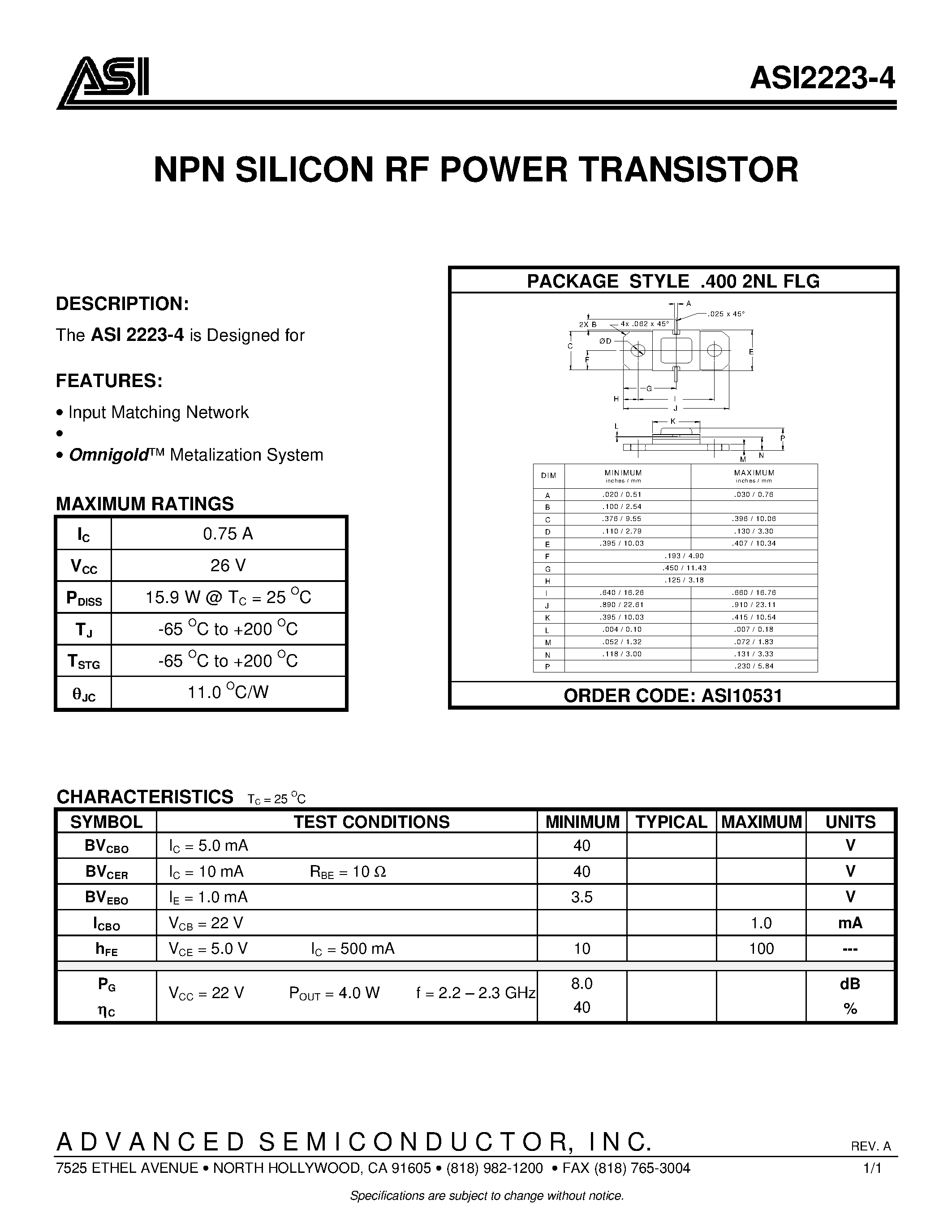 Даташит ASI2223-4 - NPN SILICON RF POWER TRANSISTOR страница 1