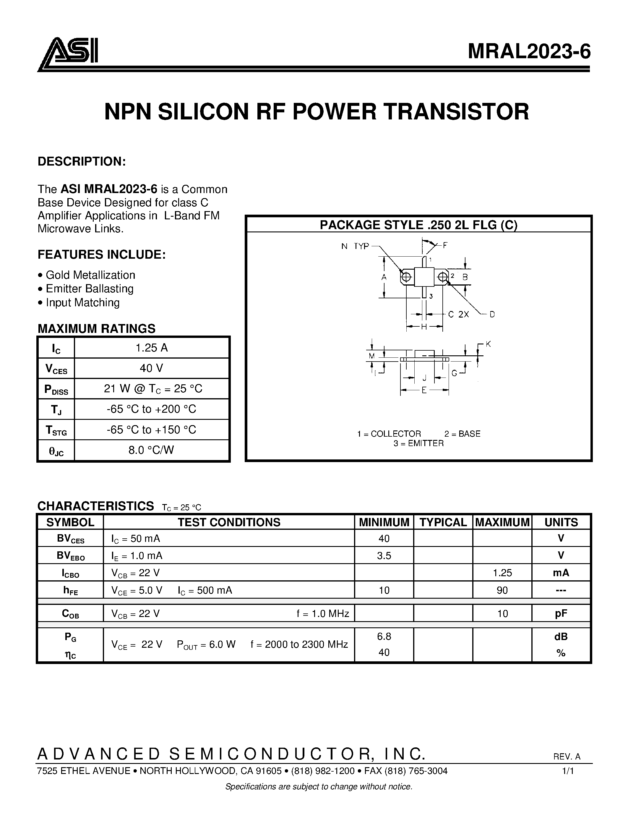 Даташит ASIMRAL2023-6 - NPN SILICON RF POWER TRANSISTOR страница 1