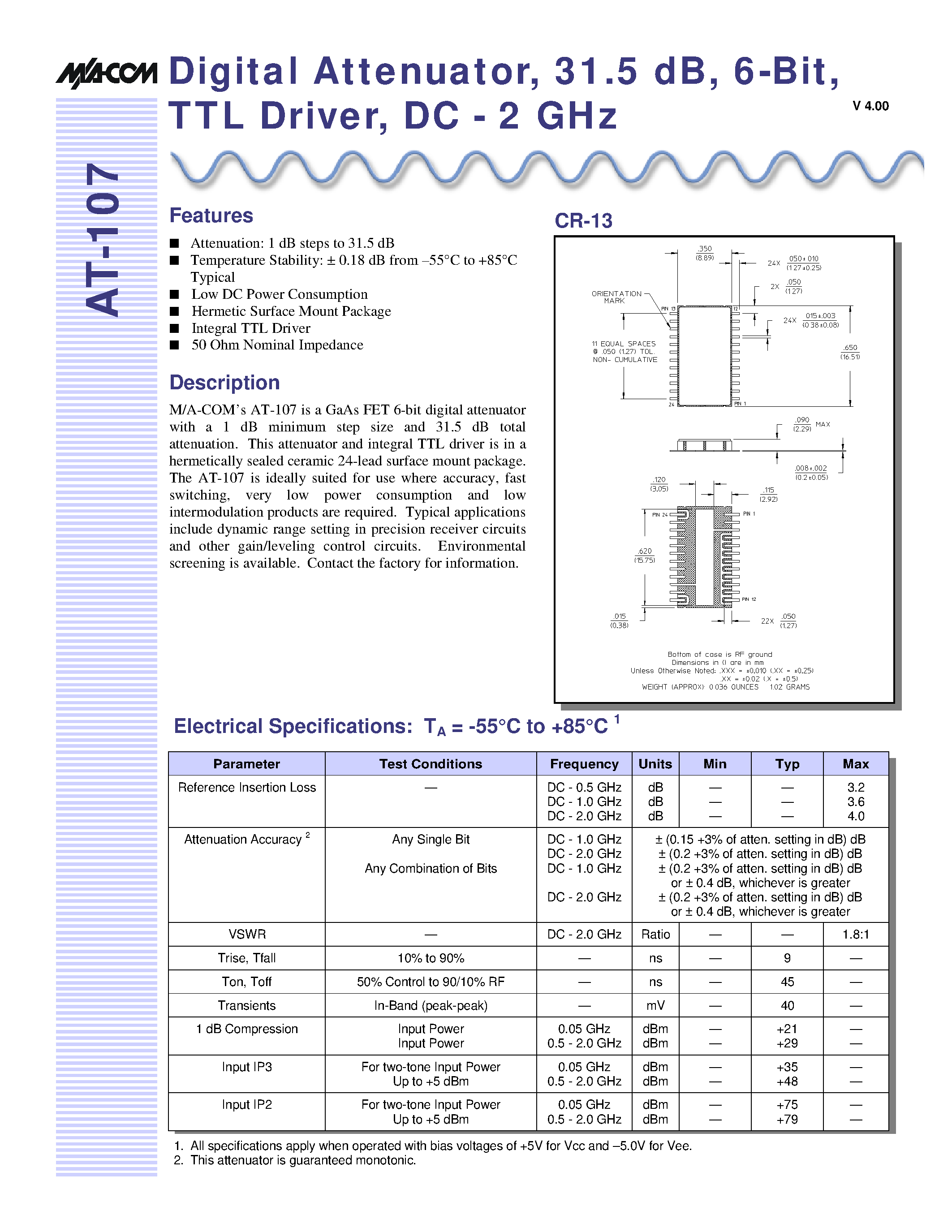 Даташит AT-107 - Digital Attenuator/ 31.5 dB/ 6-Bit/ TTL Driver/ DC - 2 GHz страница 1