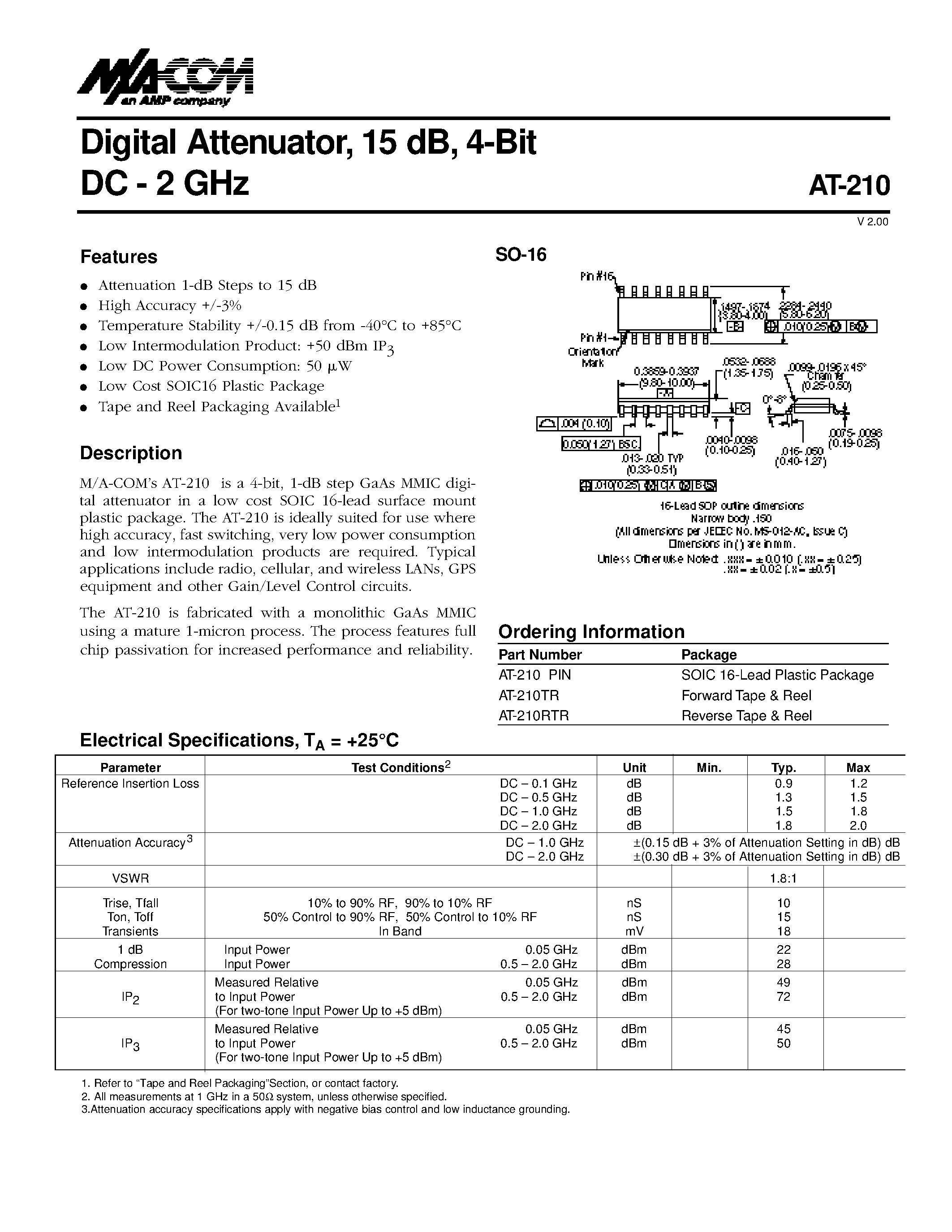 Datasheet AT-210 - Digital Attenu a t o r/ 15 dB/ 4-Bit DC - 2 GHz page 1