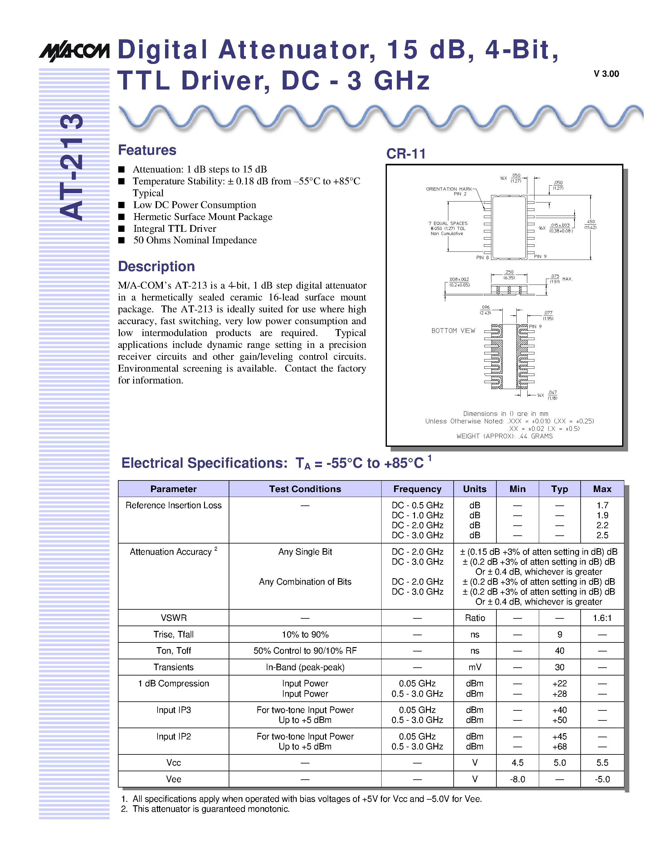 Даташит AT-213 - Digital Attenuator/ 15 dB/ 4-Bit/ TTL Driver/ DC - 3 GHz страница 1