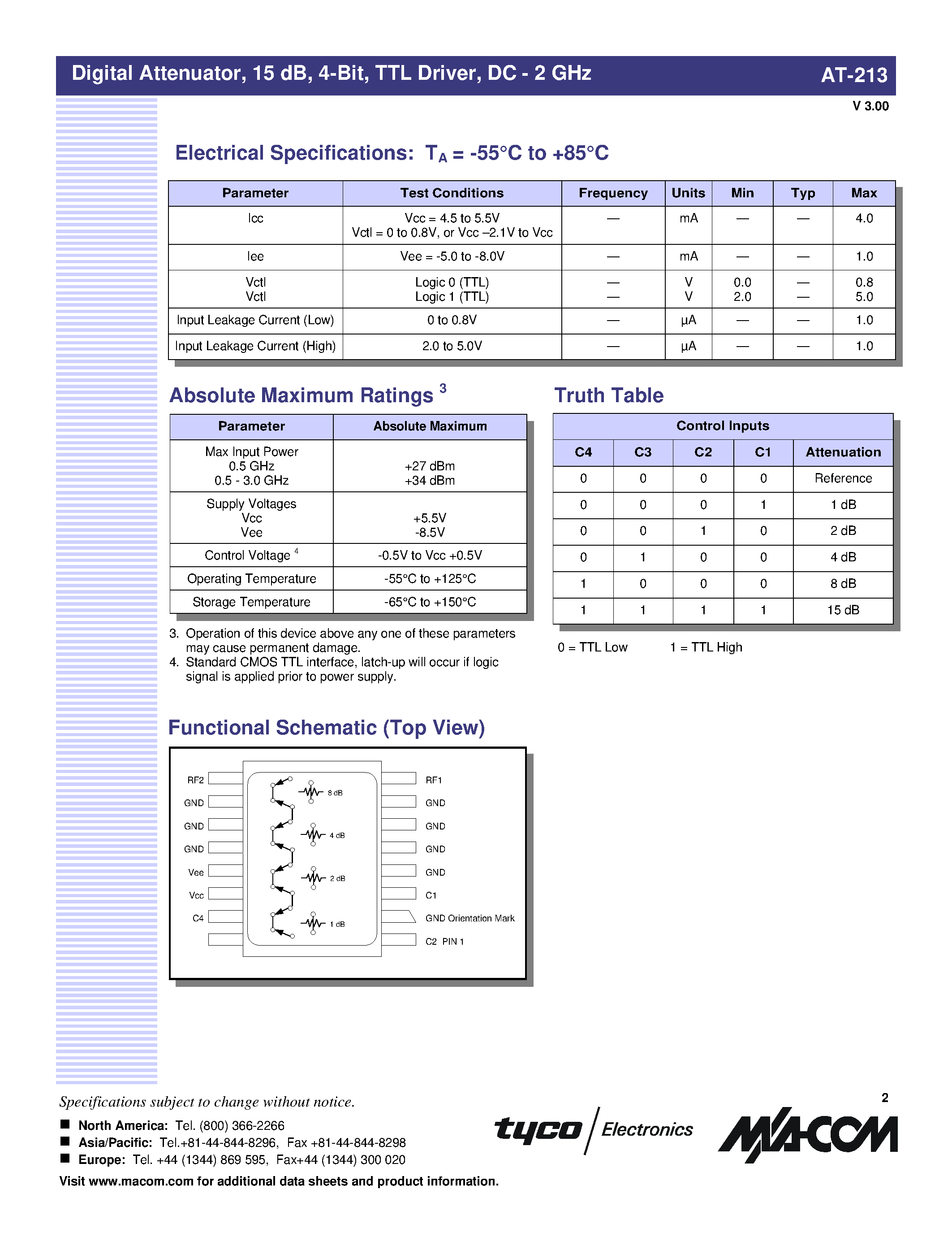 Даташит AT-213 - Digital Attenuator/ 15 dB/ 4-Bit/ TTL Driver/ DC - 3 GHz страница 2