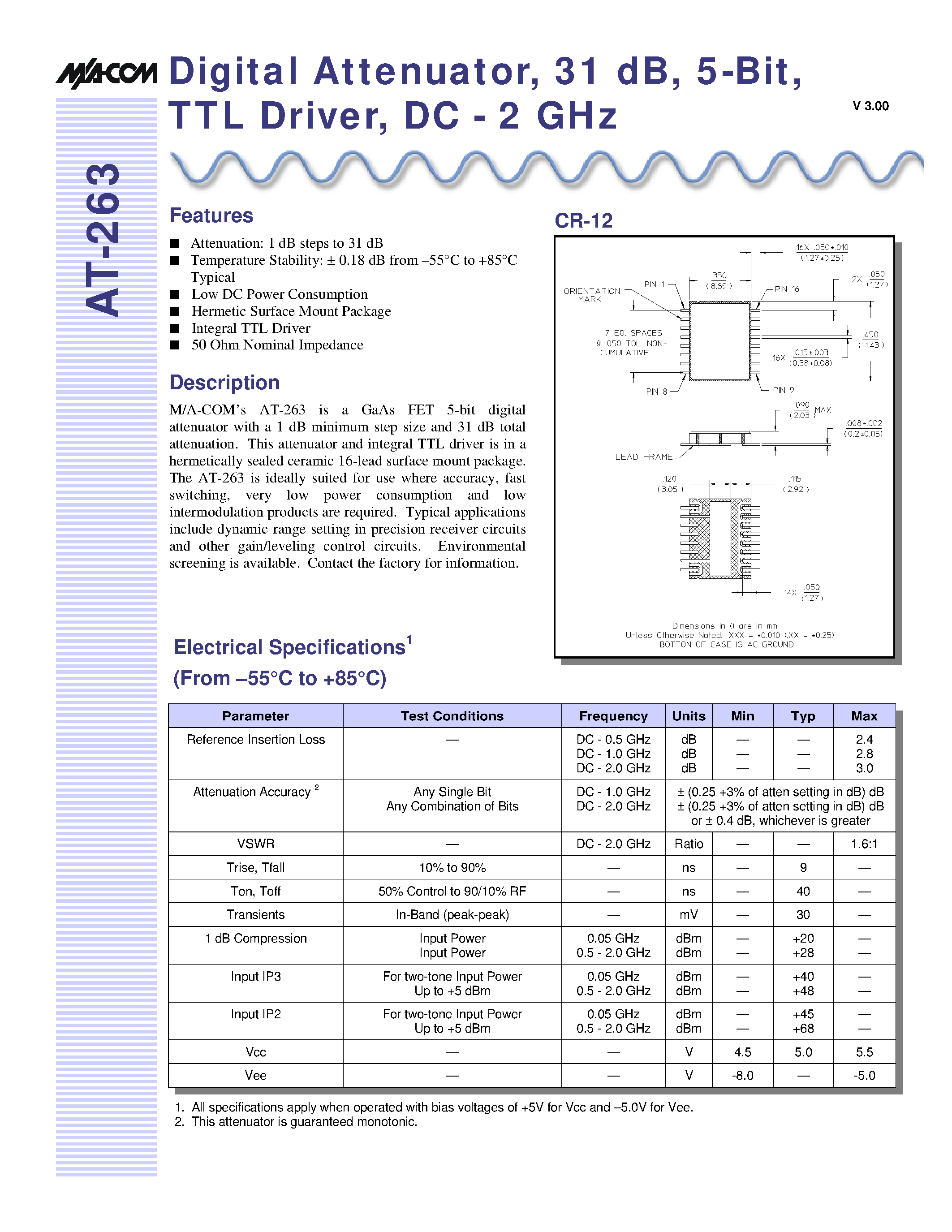 Даташит AT-263PIN - Digital Attenuator/ 31 dB/ 5-Bit/ TTL Driver/ DC - 2 GHz страница 1