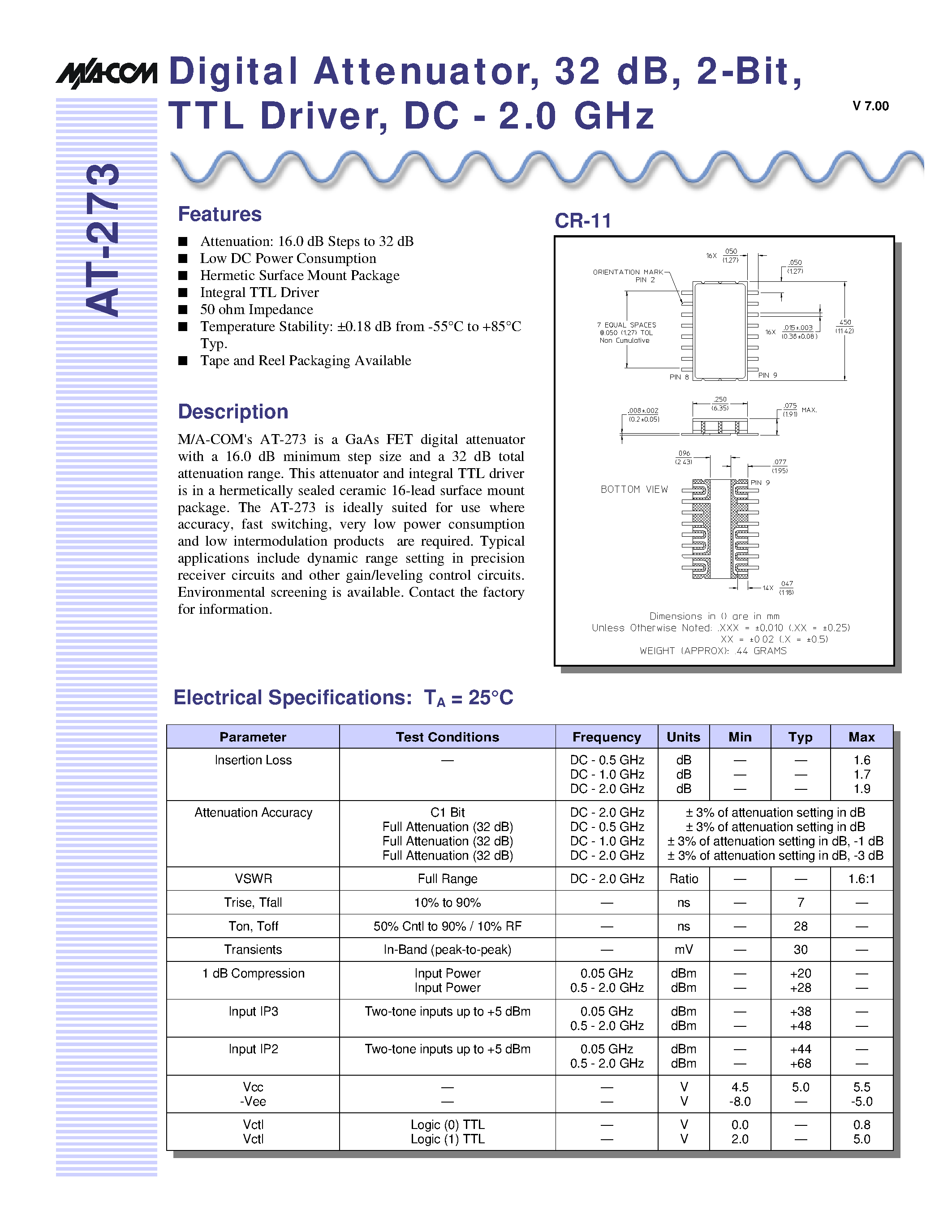 Даташит AT-273 - Digital Attenuator/ 32 dB/ 2-Bit/ TTL Driver/ DC - 2.0 GHz страница 1