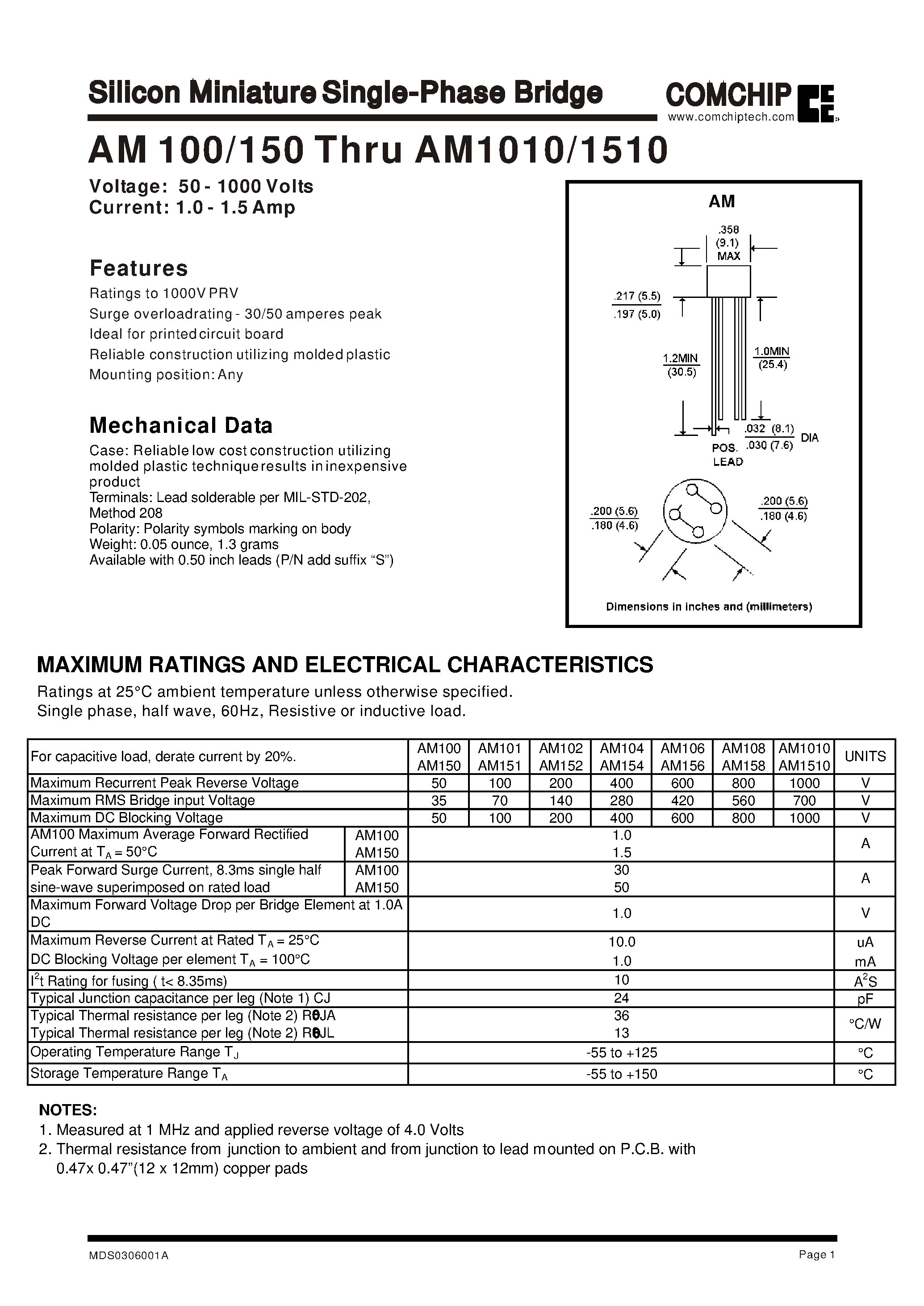 Даташит AM150 - Silicon Miniature Single-Phase Bridge страница 1