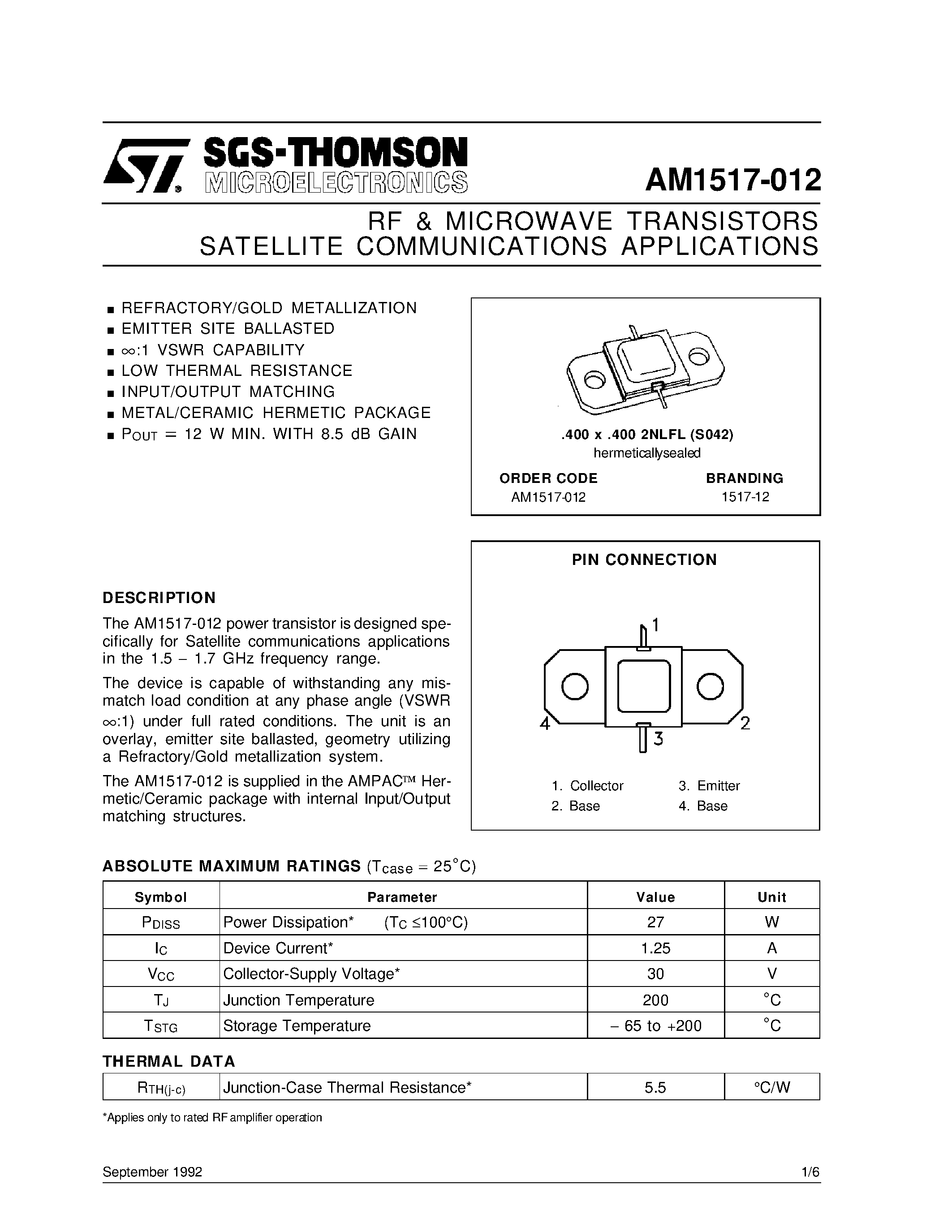 Datasheet AM1517-012 - SATELLITE COMMUNICATIONS APPLICATIONS RF & MICROWAVE TRANSISTORS page 1