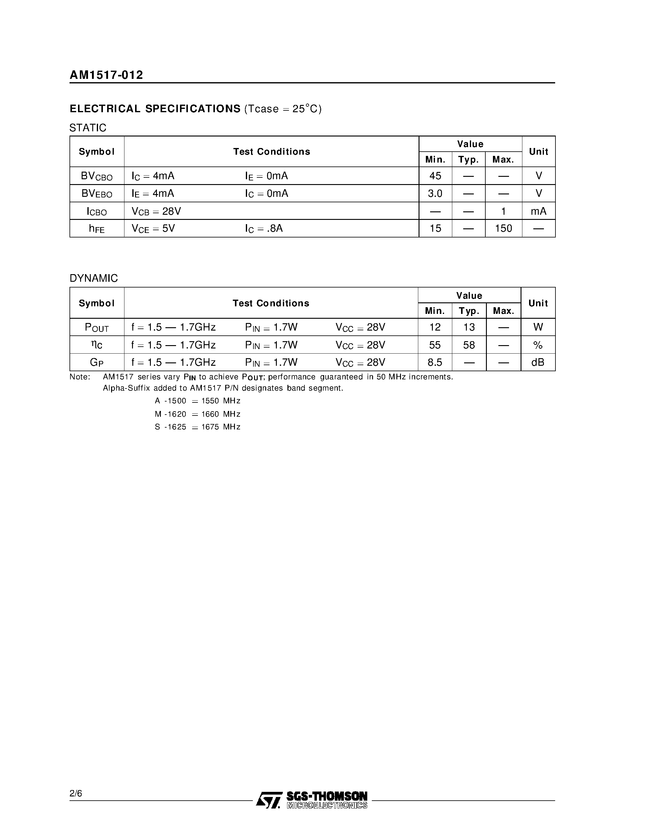 Datasheet AM1517-012 - SATELLITE COMMUNICATIONS APPLICATIONS RF & MICROWAVE TRANSISTORS page 2