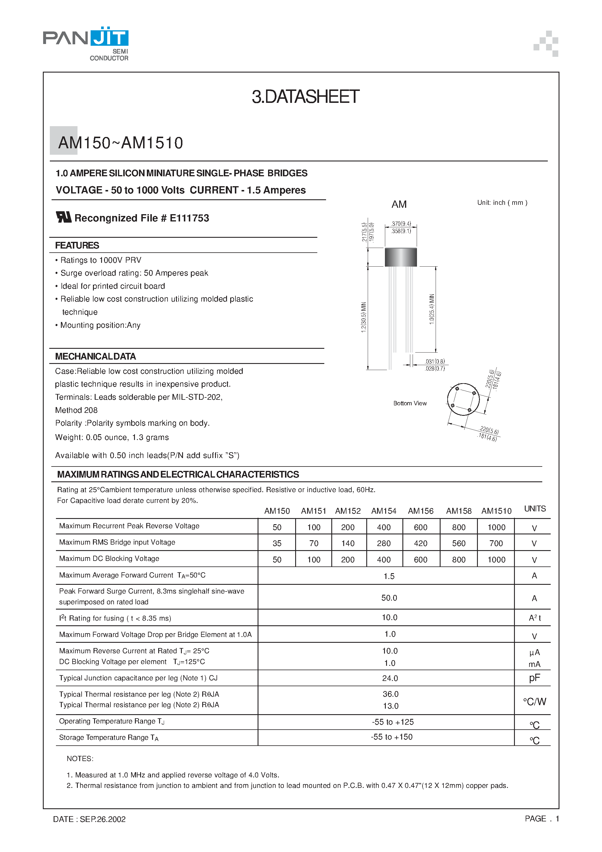 Datasheet AM152 - 1.0 AMPERE SILICON MINIATURE SINGLE- PHASE BRIDGES(VOLTAGE - 50 to 1000 Volts CURRENT - 1.5 Amperes) page 1