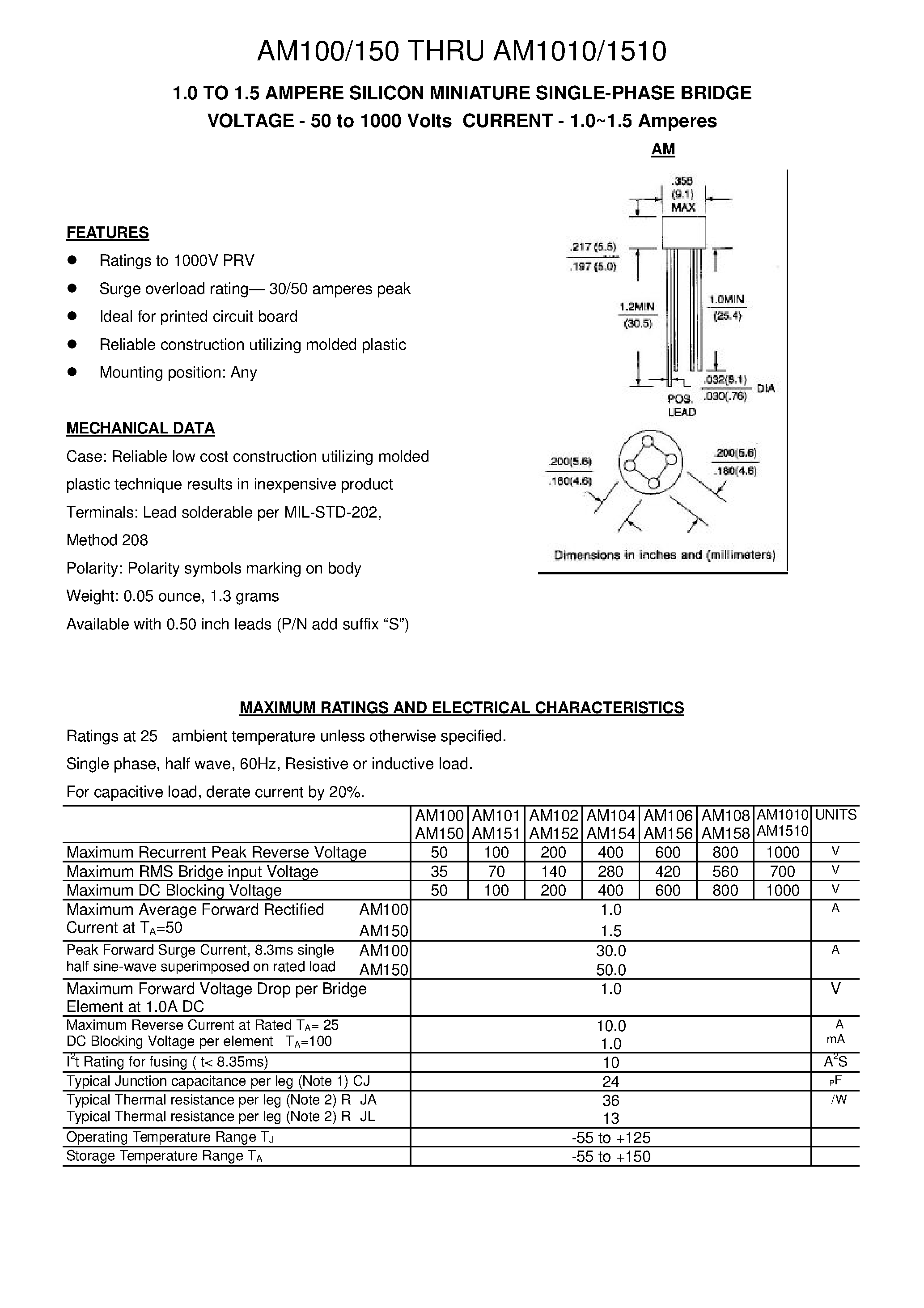 Datasheet AM154 - 1.0 TO 1.5 AMPERE SILICON MINIATURE SINGLE-PHASE BRIDGE page 1