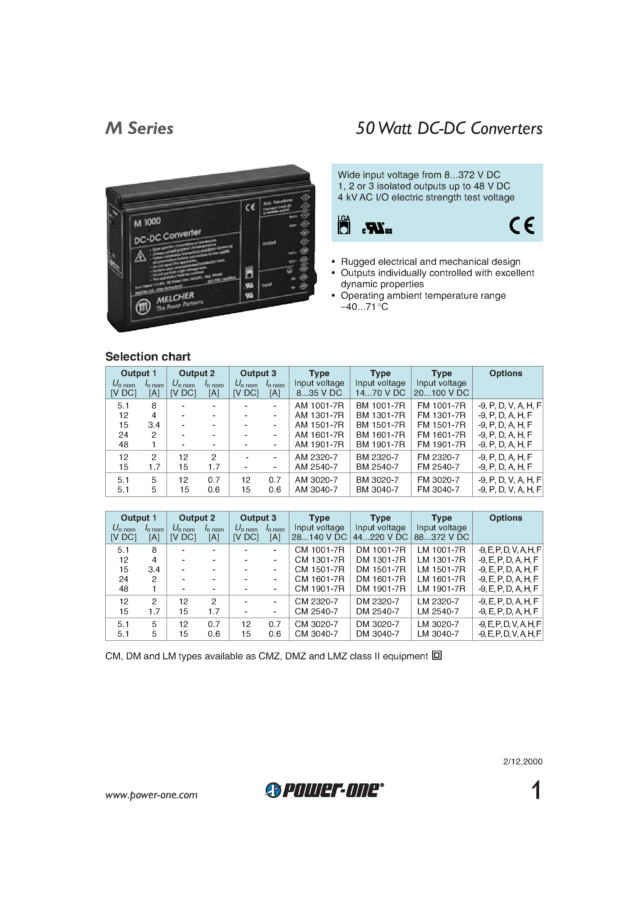 Даташит AM1601-7R - 50 Watt DC-DC Converters страница 1