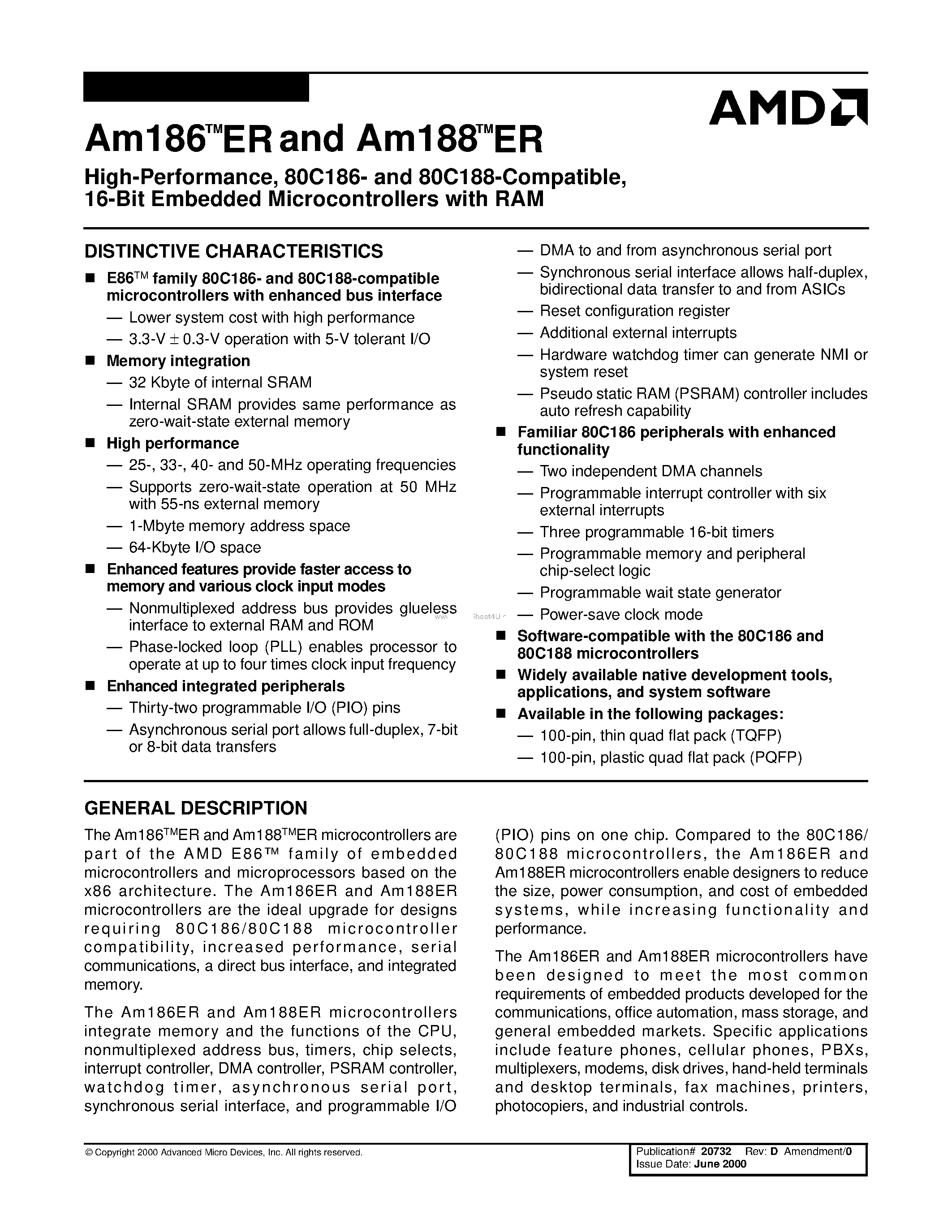 Даташит AM186 - High-Performance/ 80C186- and 80C188-Compatible/ 16-Bit Embedded Microcontrollers with RAM страница 1