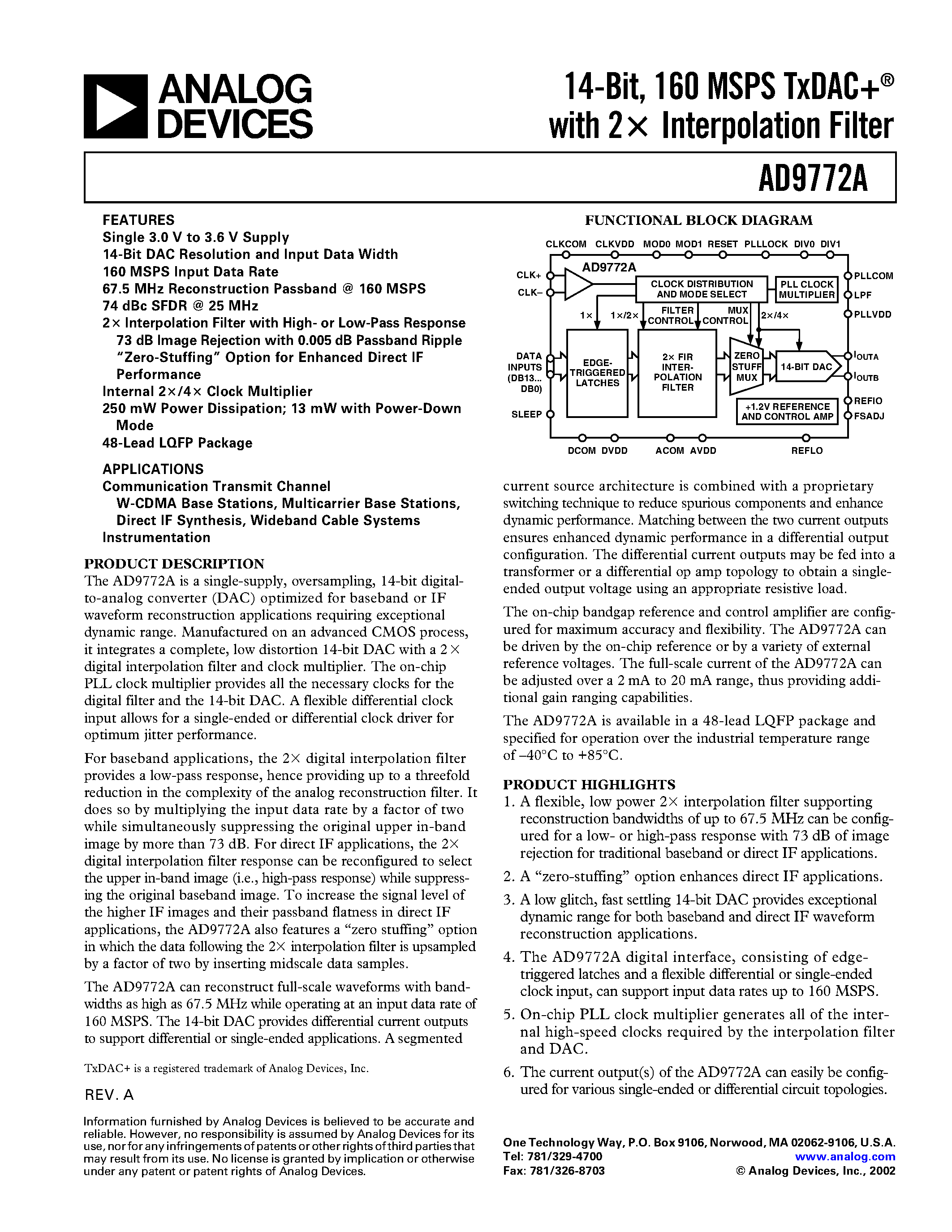 Datasheet AD9772A - 14-Bit/ 160 MSPS TxDAC+ with 2x Interpolation Filter page 1