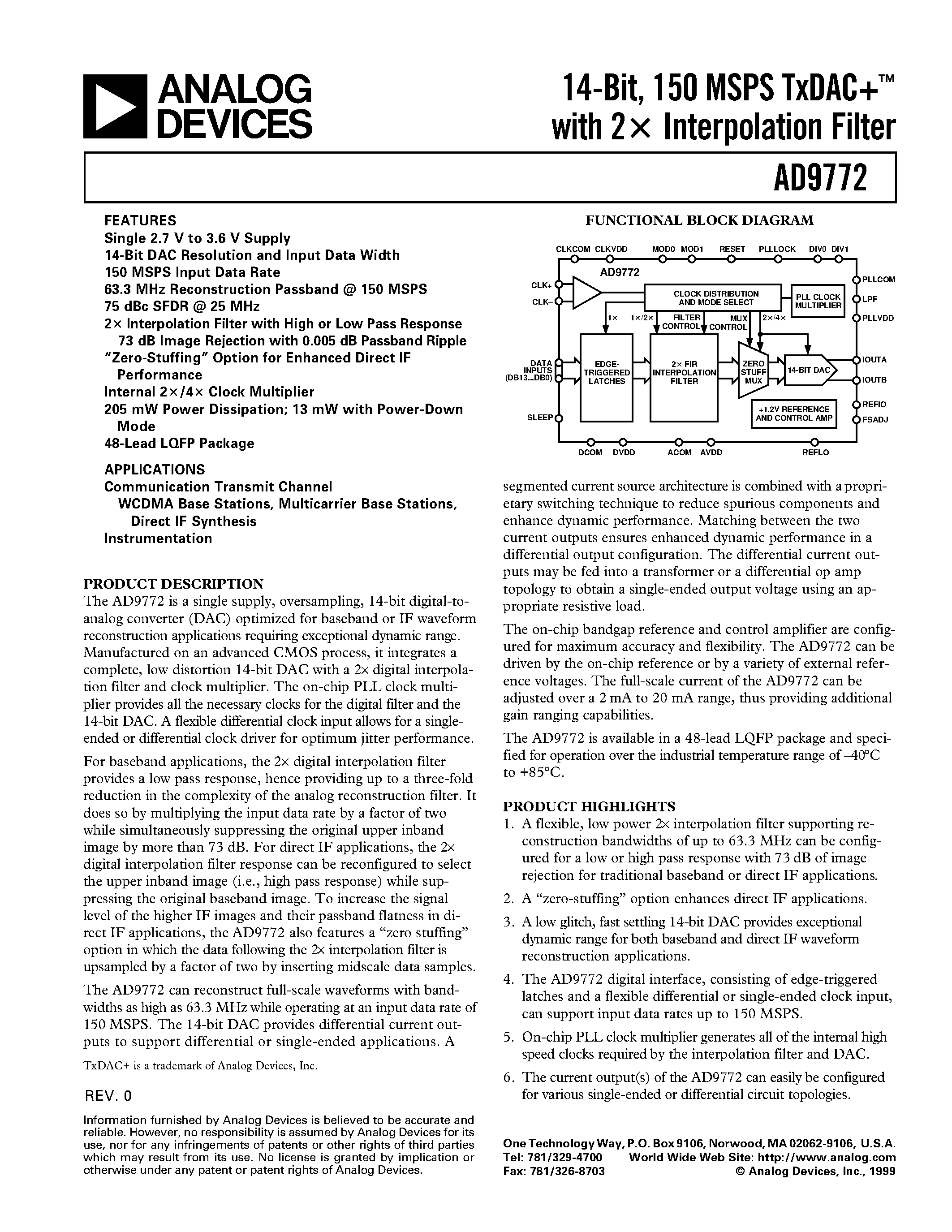 Datasheet AD9772EB - 14-Bit/ 160 MSPS TxDAC+ with 2x Interpolation Filter page 1