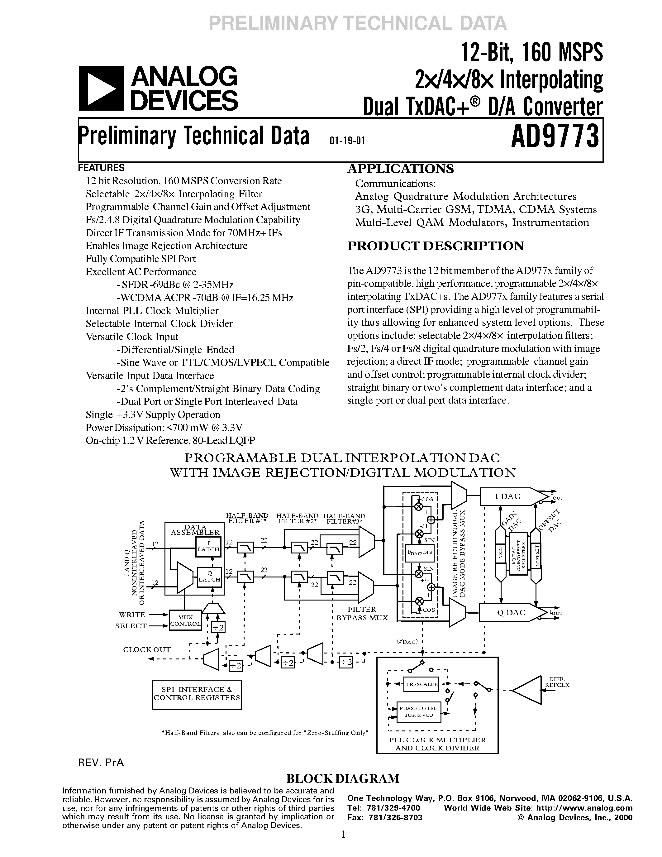 Datasheet AD9773 - 12-Bit/ 160 MSPS 2/4/8 Interpolating Dual TxDAC+ D/A Converter page 1