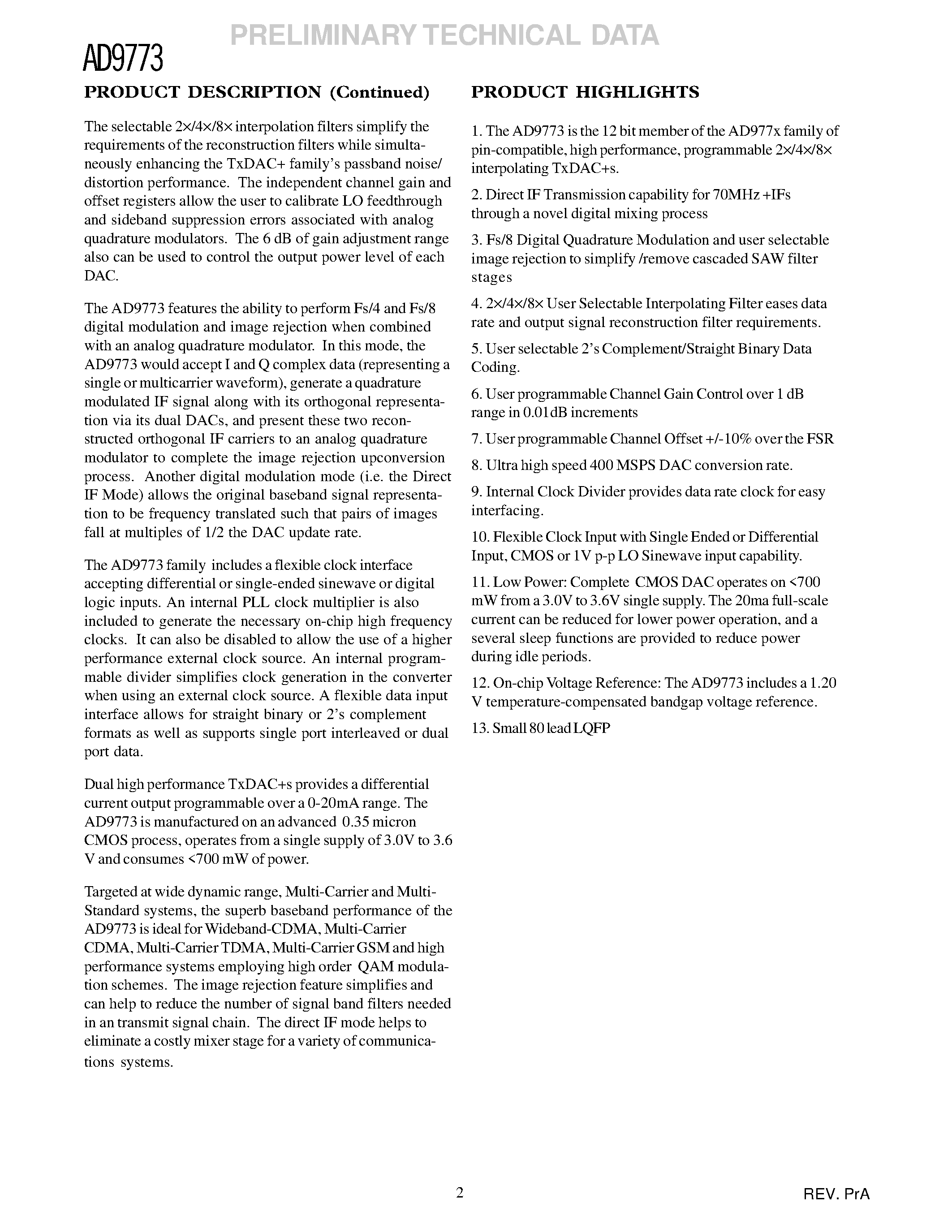 Datasheet AD9773 - 12-Bit/ 160 MSPS 2/4/8 Interpolating Dual TxDAC+ D/A Converter page 2