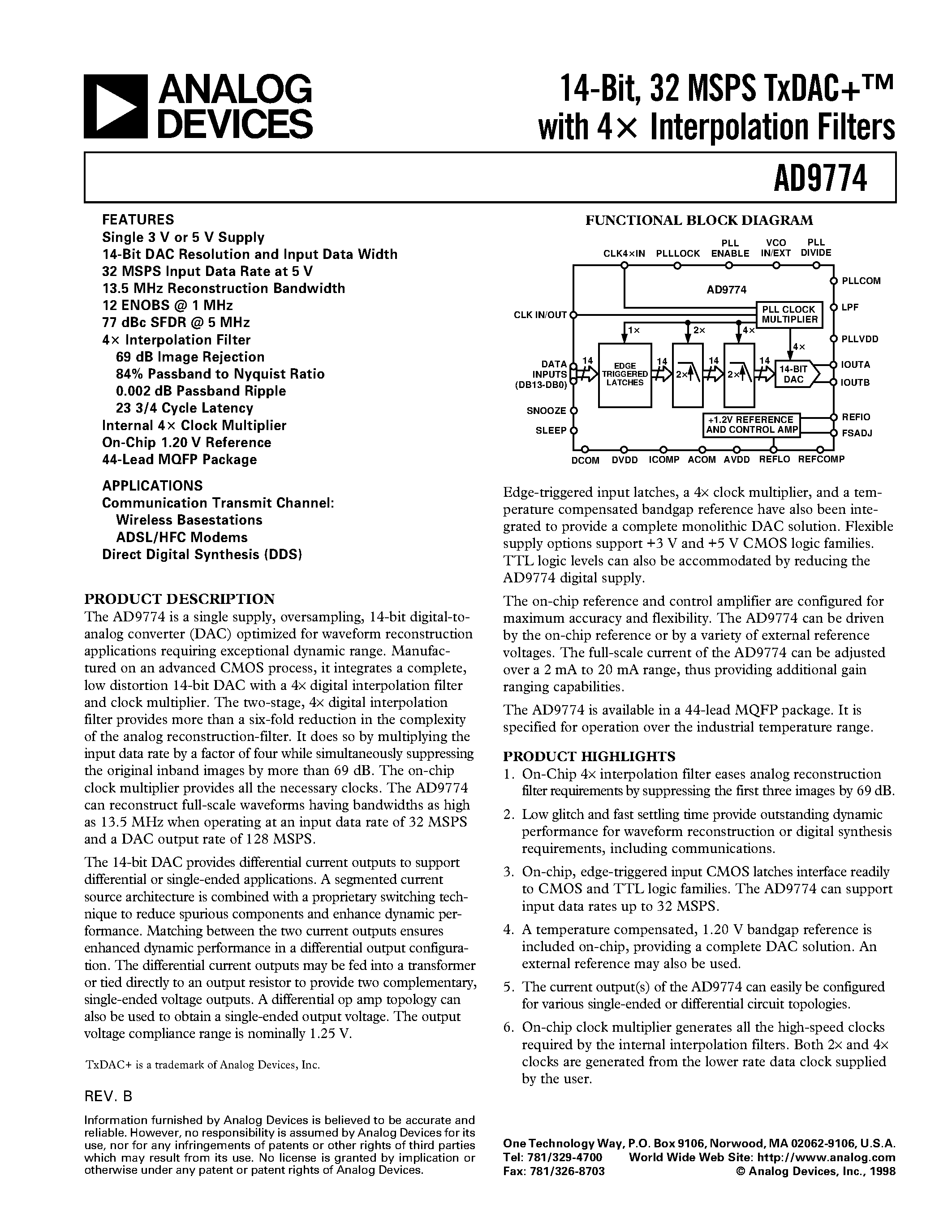 Datasheet AD9774 - 14-Bit/ 32 MSPS TxDAC with 4x Interpolation Filters page 1