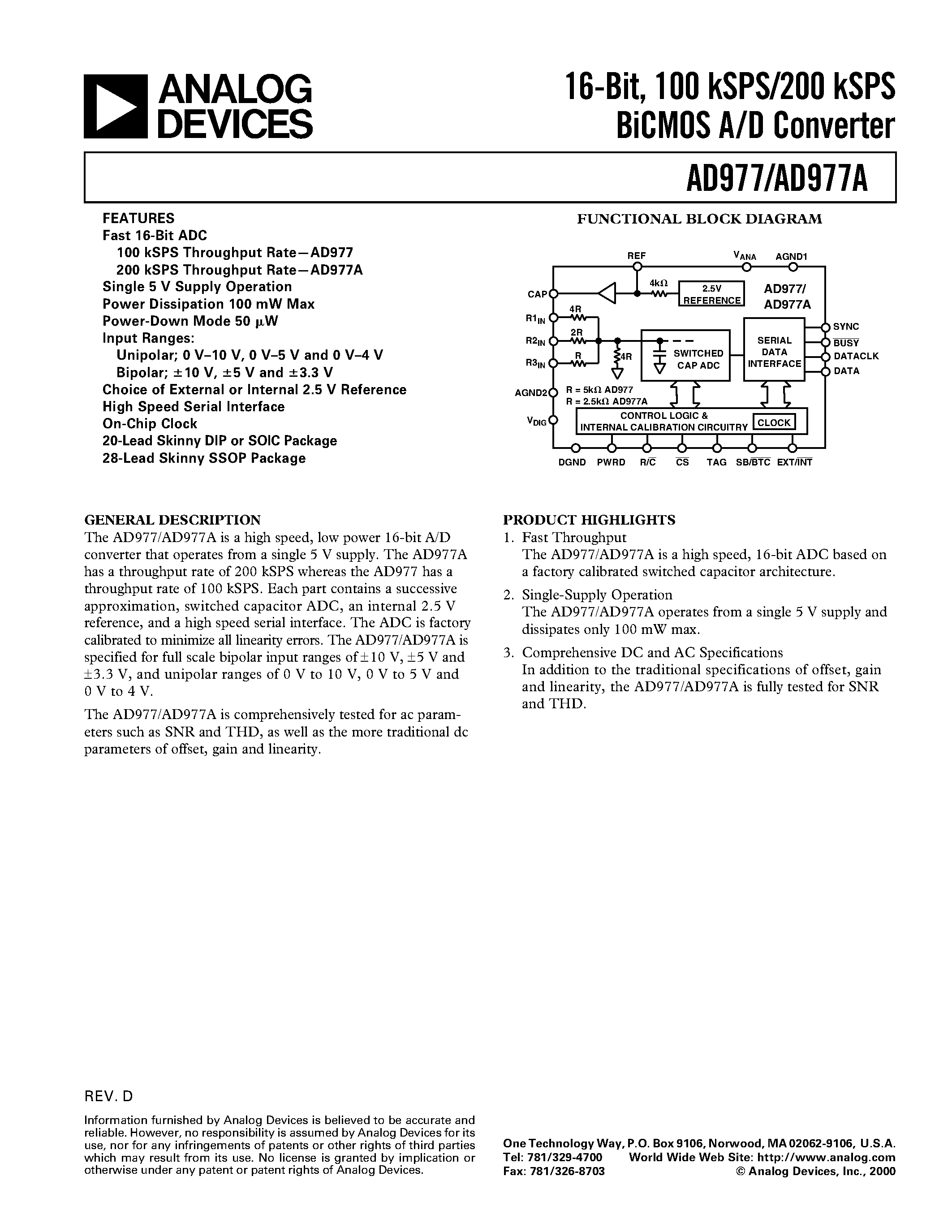 Datasheet AD977ACN - 16-Bit/ 100 kSPS/200 kSPS BiCMOS A/D Converter page 1