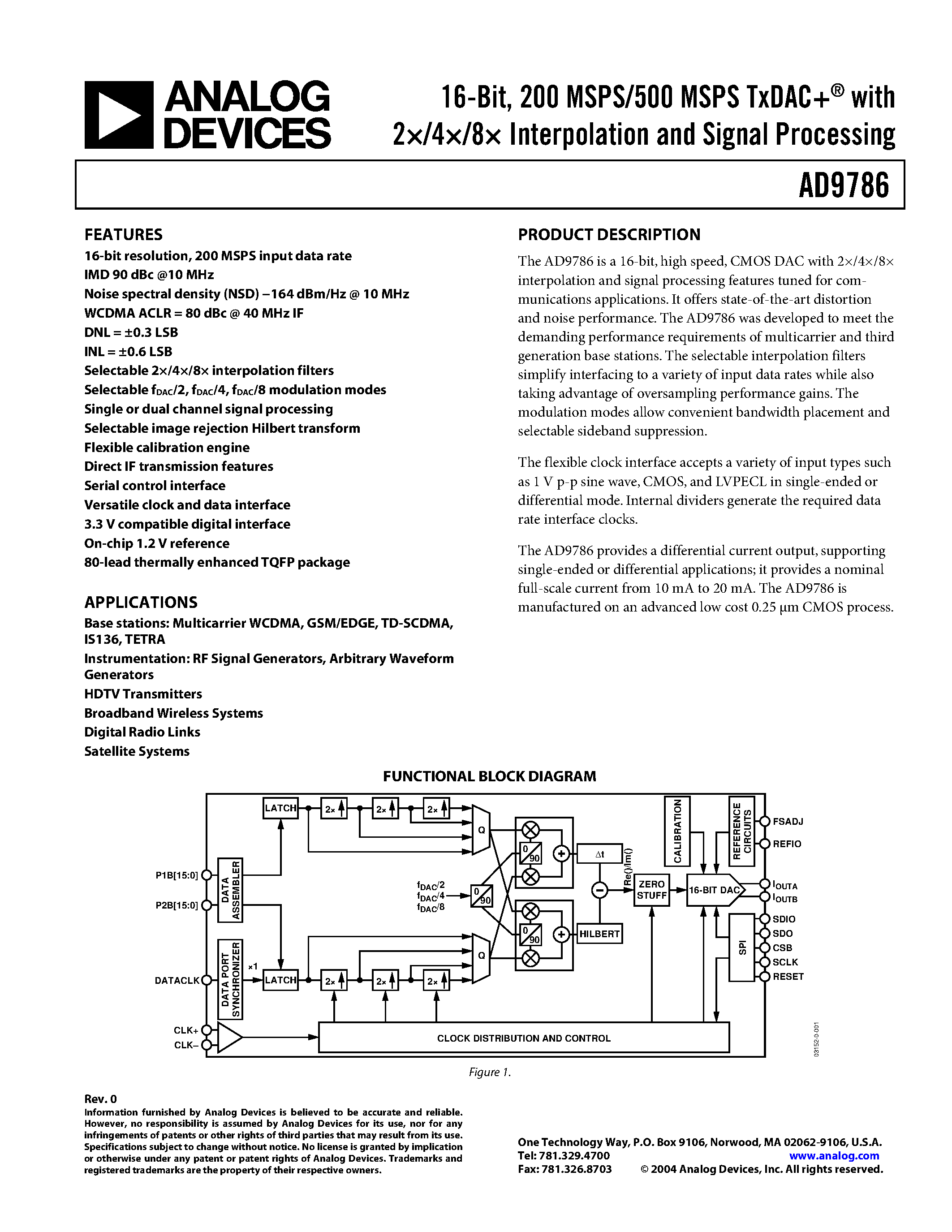 Datasheet AD9786 - 16-Bit/ 200 MSPS/500 MSPS TxDAC+ with 2/4/8 Interpolation and Signal Processing page 1