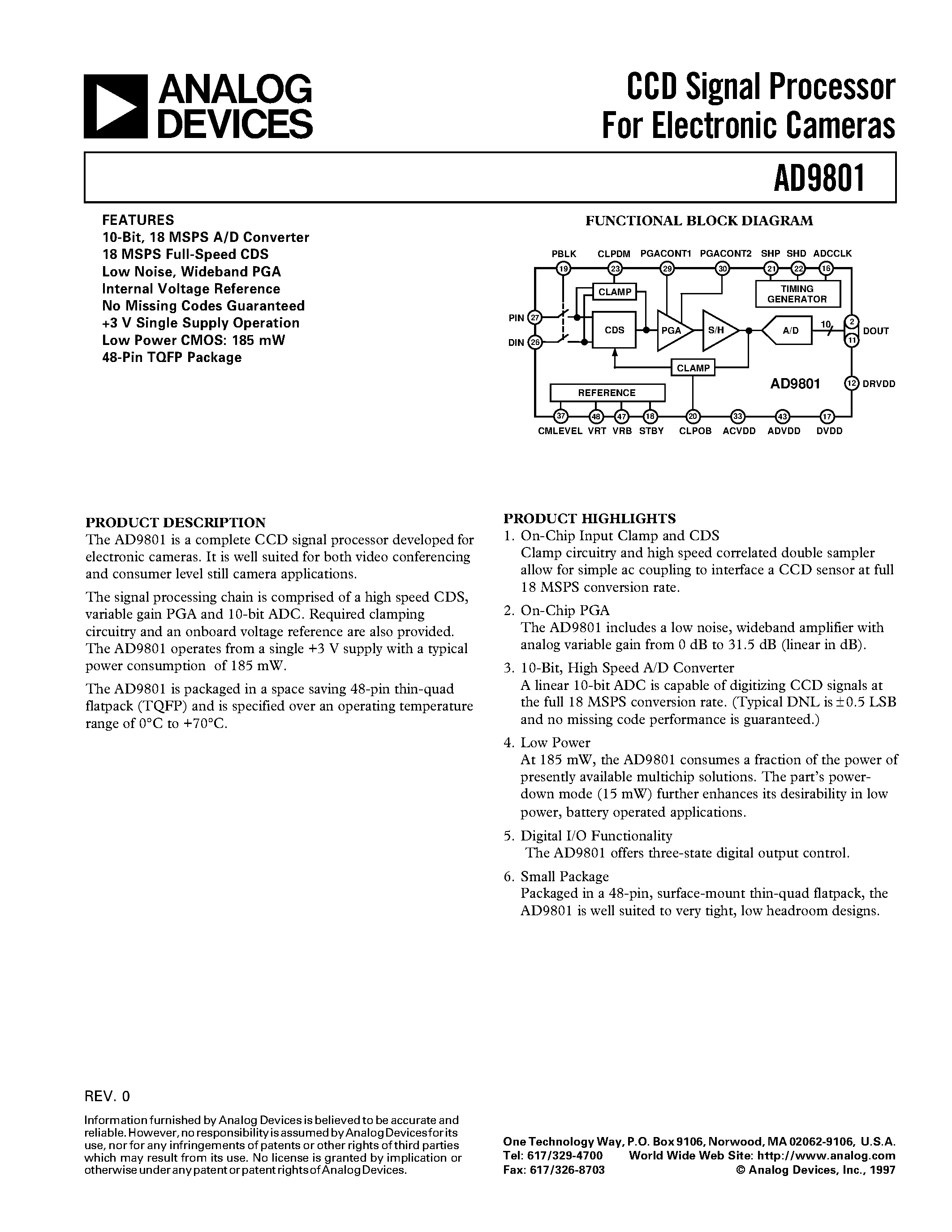 Datasheet AD9801 - CCD Signal Processor For Electronic Cameras page 1