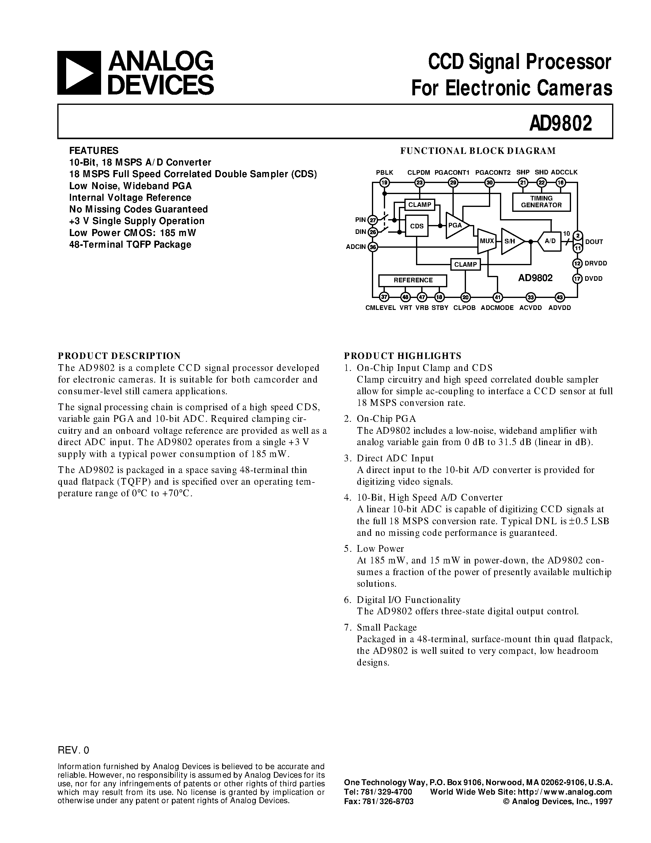 Datasheet AD9802 - CCD Signal Processor For Electronic Cameras page 1