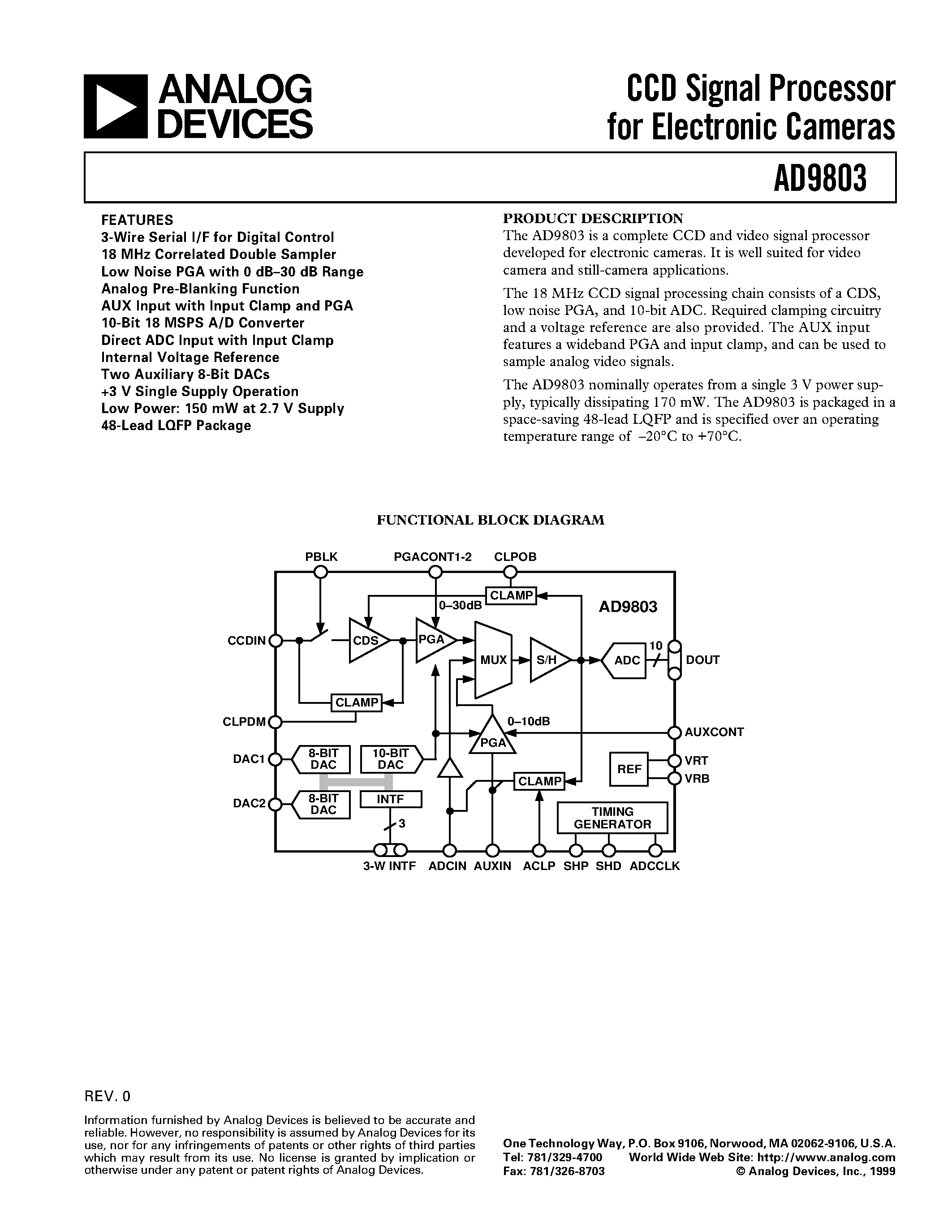 Datasheet AD9803 - CCD Signal Processor For Electronic Cameras page 1