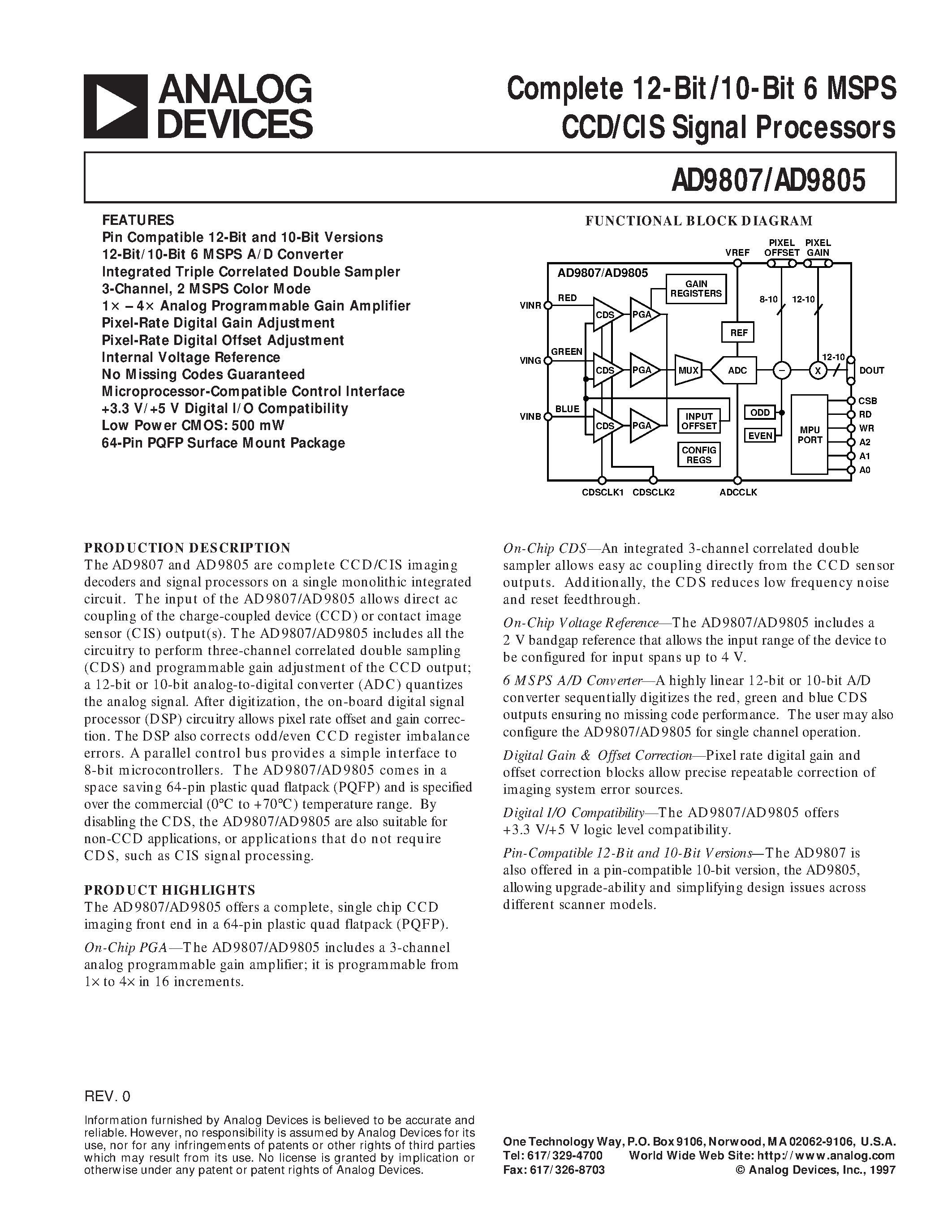 Datasheet AD9805 - Complete 12-Bit/10-Bit 6 MSPS CCD/CIS Signal Processors page 1