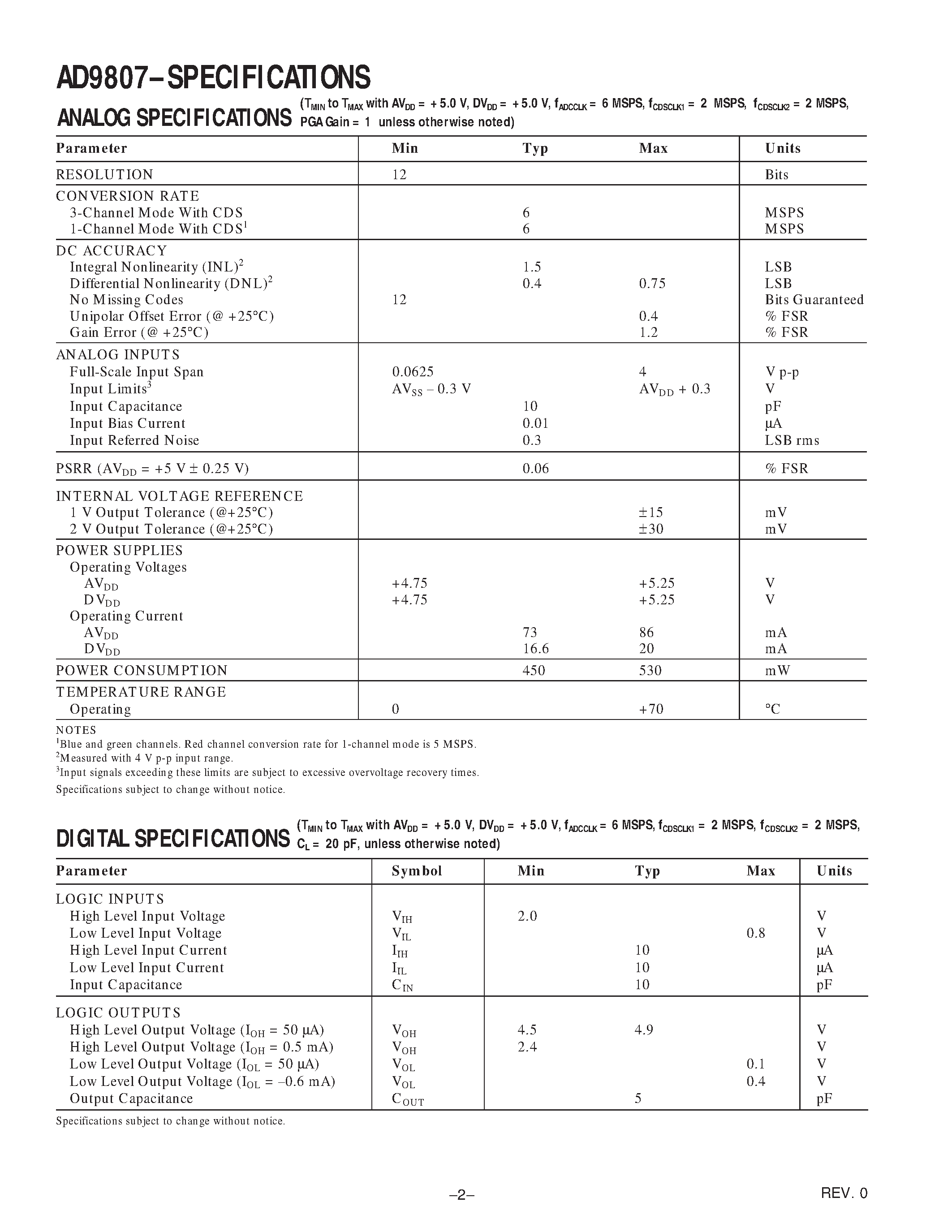 Datasheet AD9805 - Complete 12-Bit/10-Bit 6 MSPS CCD/CIS Signal Processors page 2