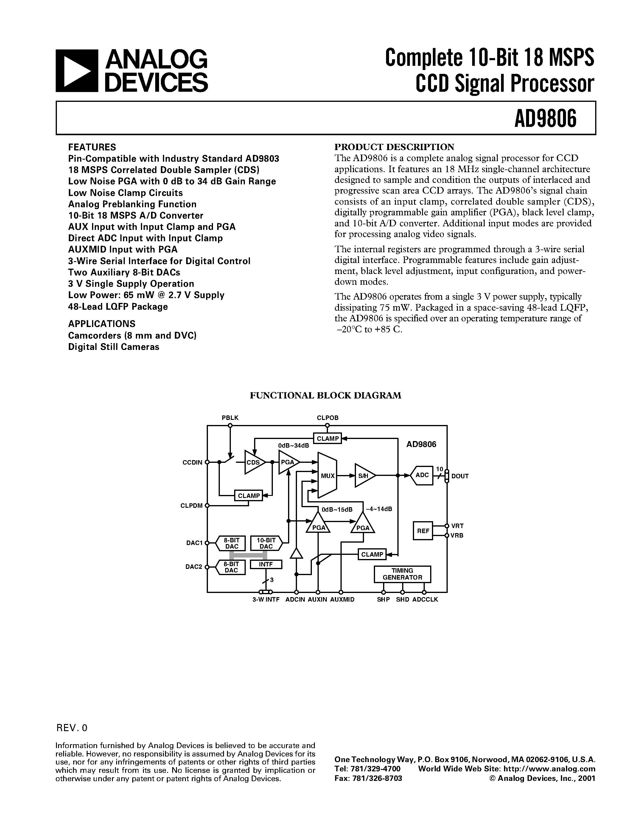 Datasheet AD9806 - Complete 10-Bit 18 MSPS CCD Signal Processor page 1