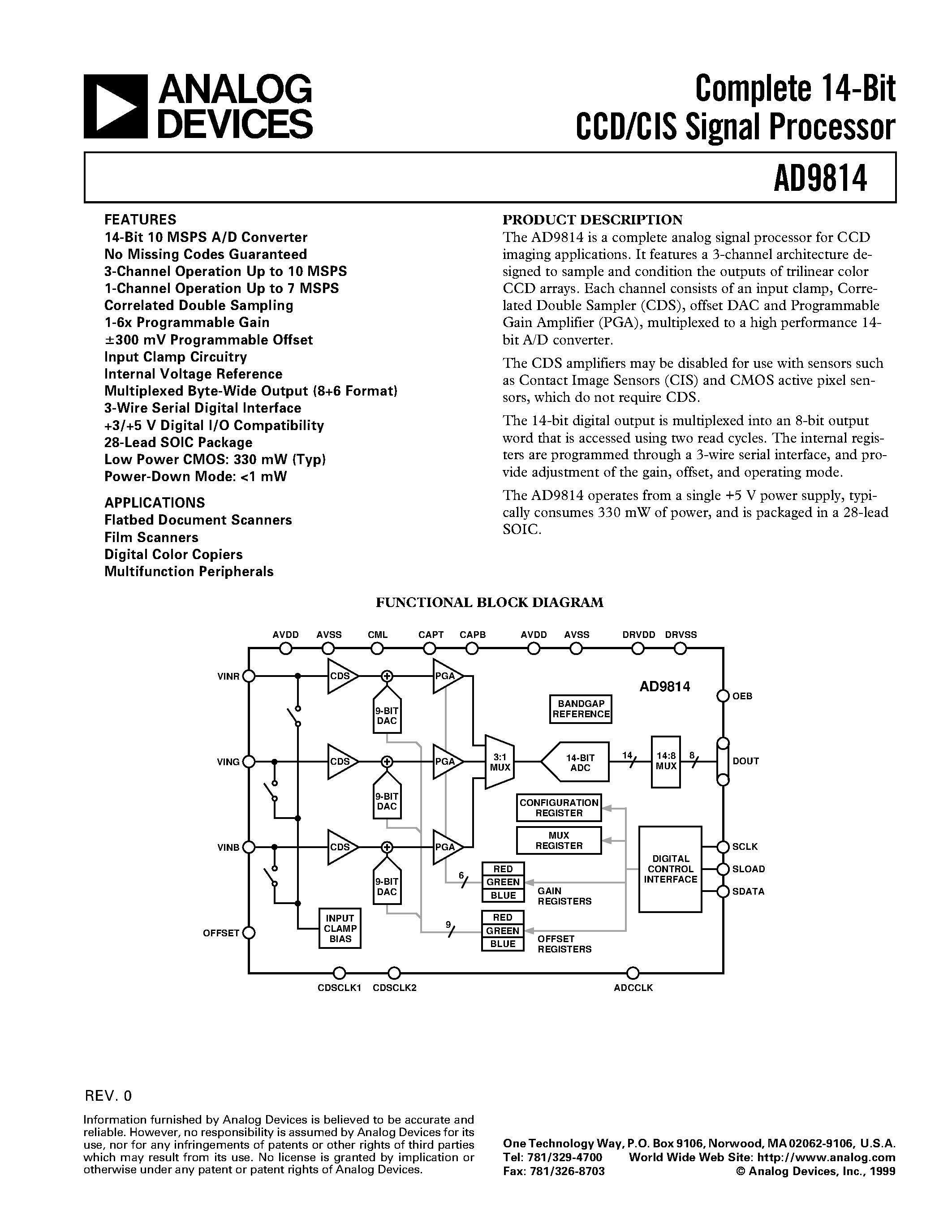 Datasheet AD9814 - Complete 14-Bit CCD/CIS Signal Processor page 1