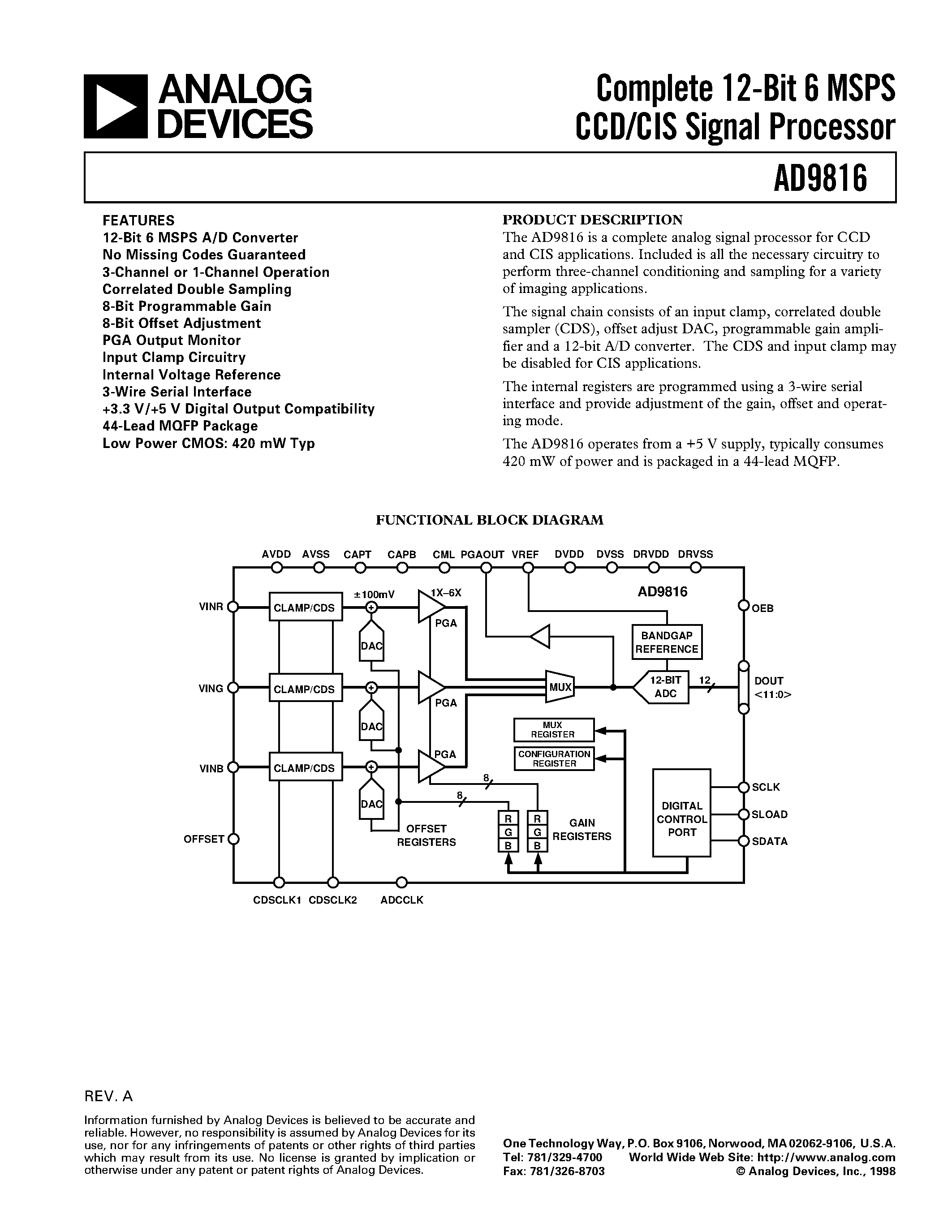 Datasheet AD9816 - Complete 12-Bit 6 MSPS CCD/CIS Signal Processor page 1