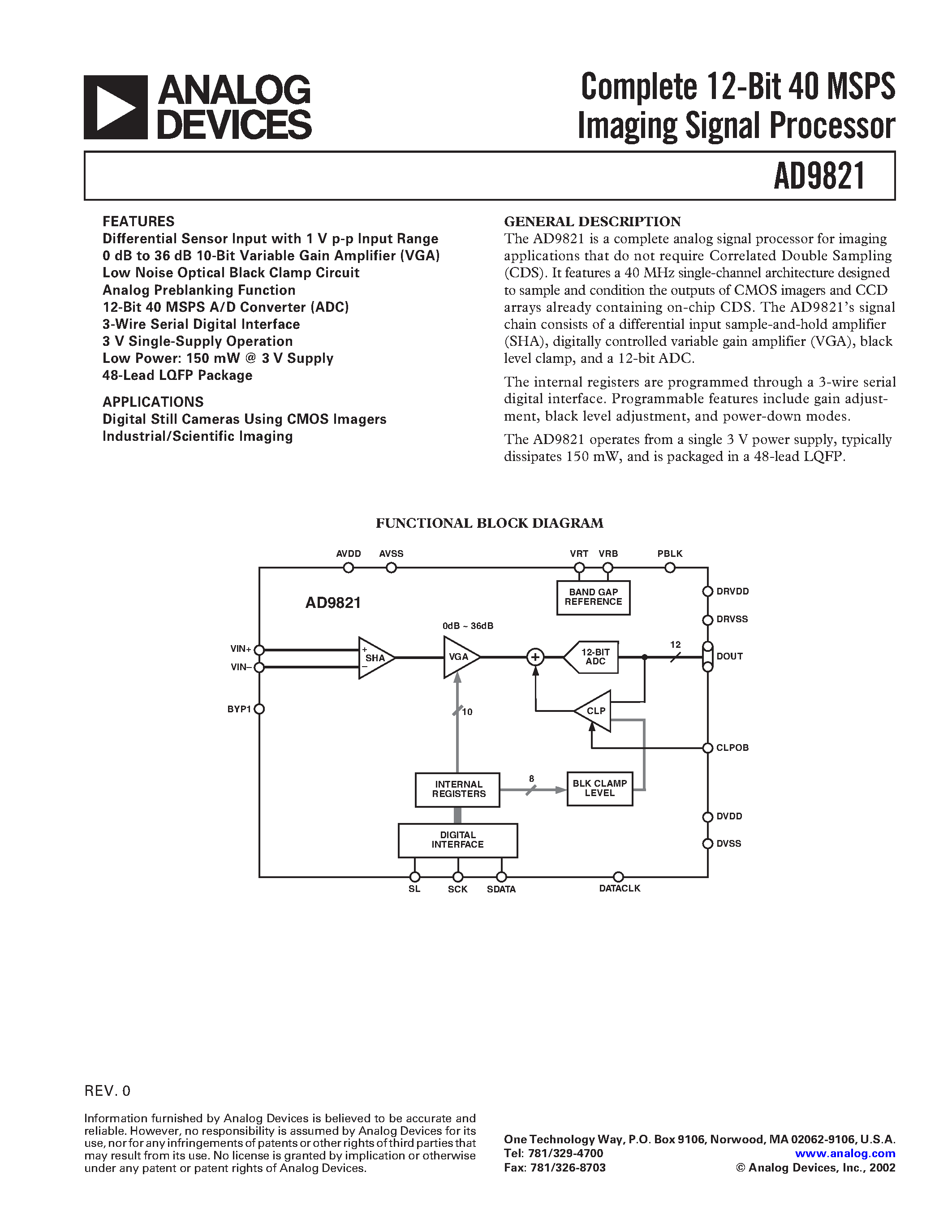 Datasheet AD9821 - Complete 12-Bit 40 MSPS Imaging Signal Processor page 1