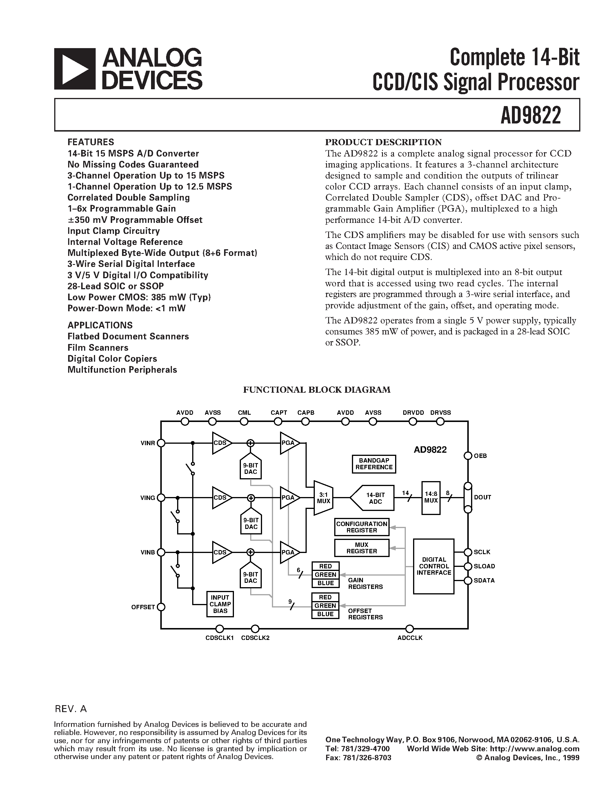 Datasheet AD9822 - Complete 14-Bit CCD/CIS Signal Processor page 1