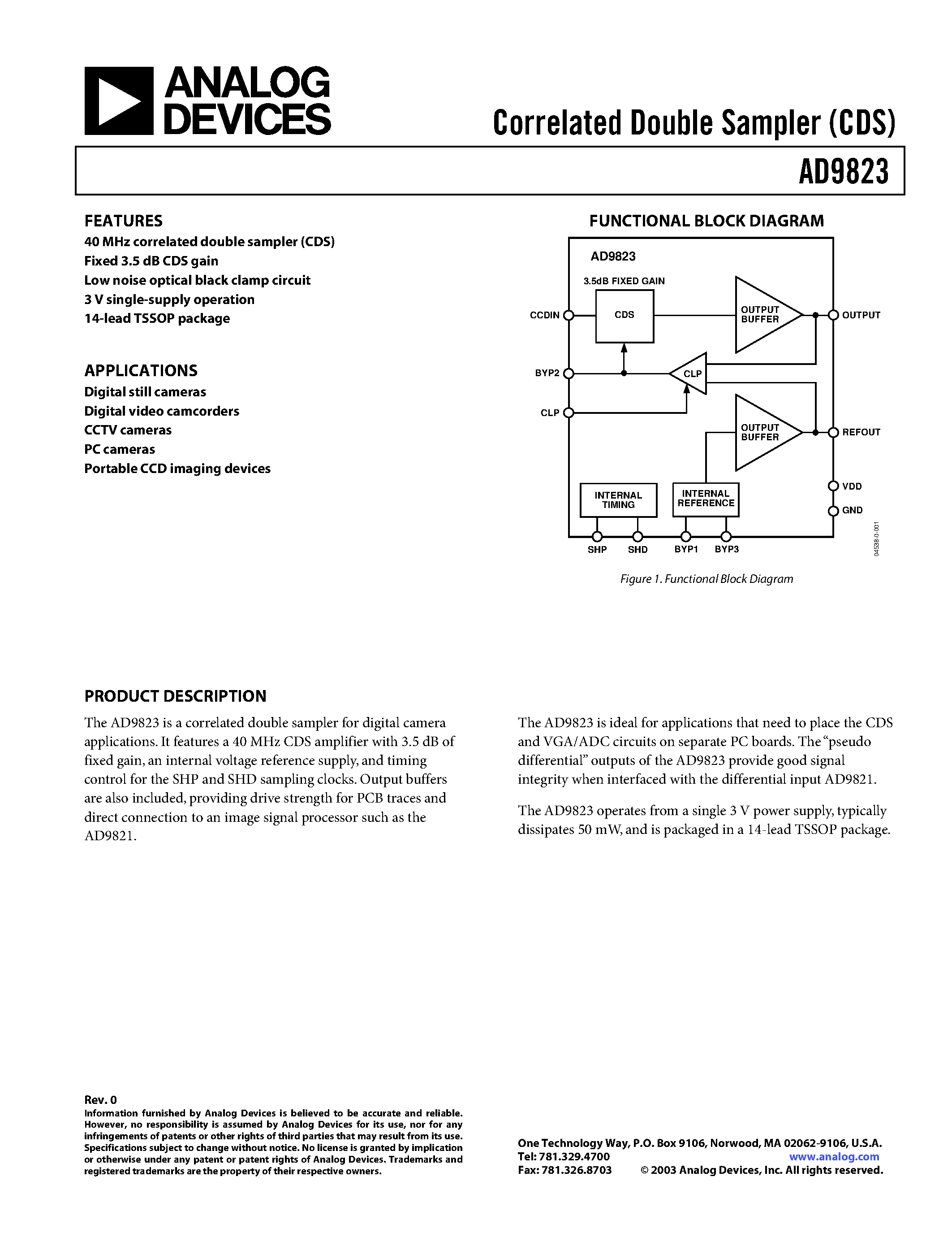 Datasheet AD9823 - Correlated Double Sampler (CDS) page 1