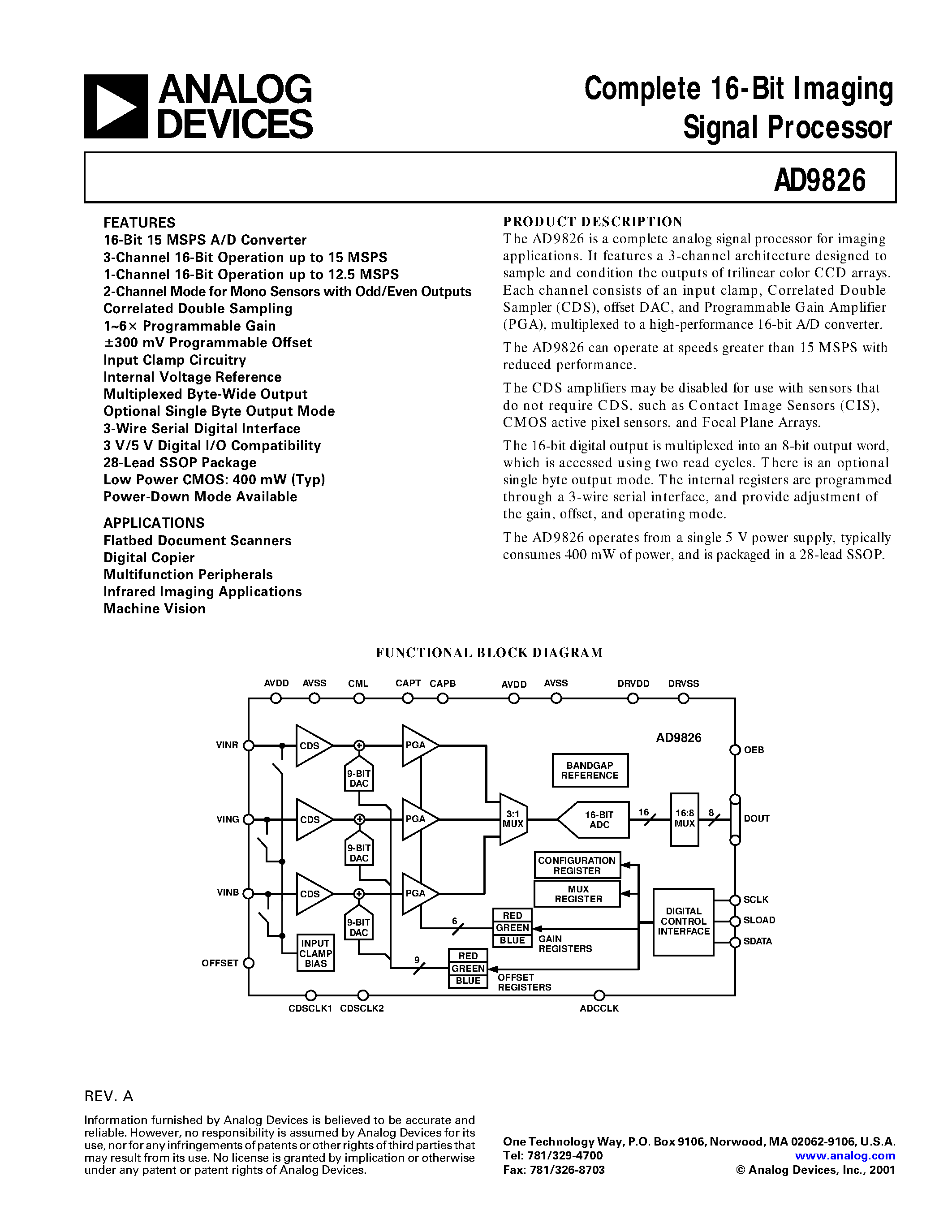 Datasheet AD9826 - Complete 16-Bit Imaging Signal Processor page 1