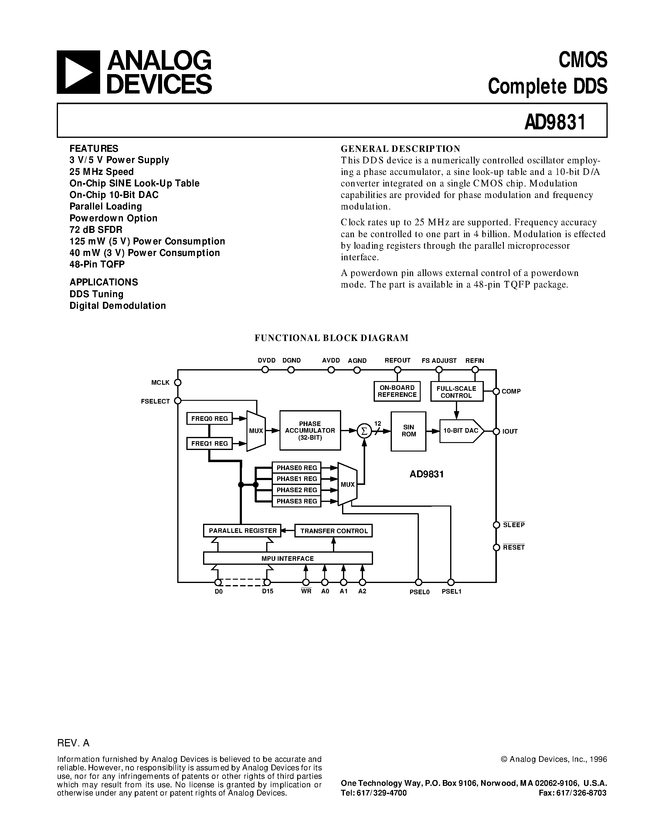 Datasheet AD9831 - CMOS Complete DDS page 1