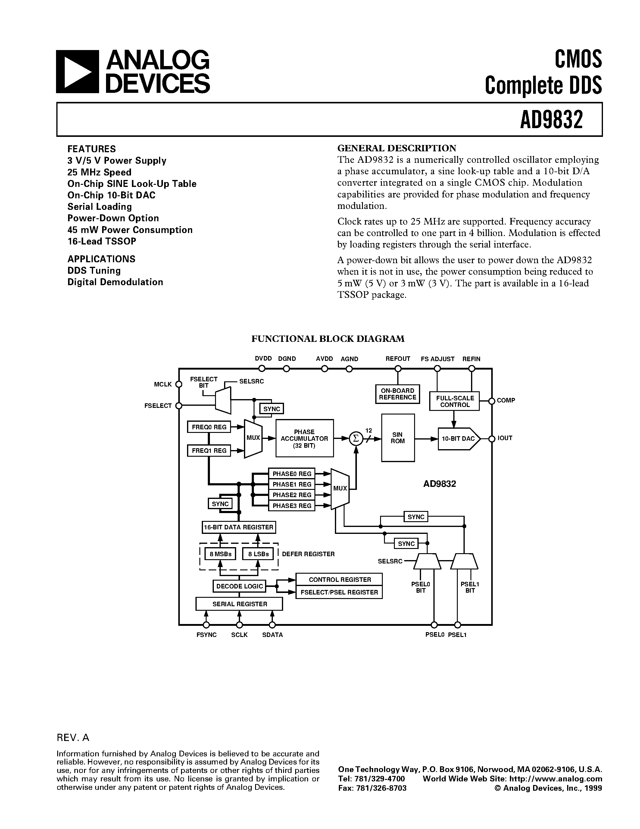 Datasheet AD9832 - CMOS Complete DDS page 1