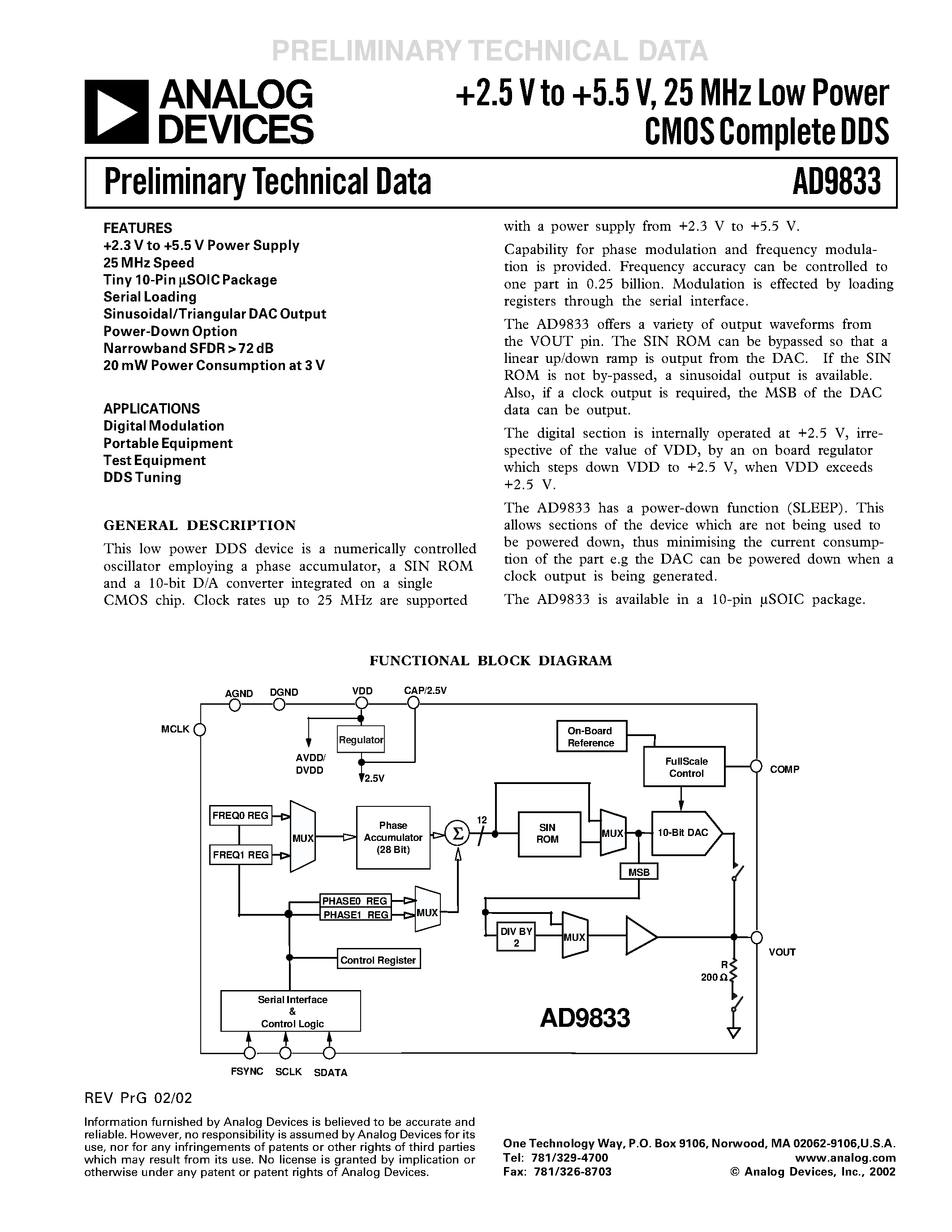 Datasheet AD9833 - +2.5 V to +5.5 V/ 25 MHz Low Power CMOS Complete DDS page 1