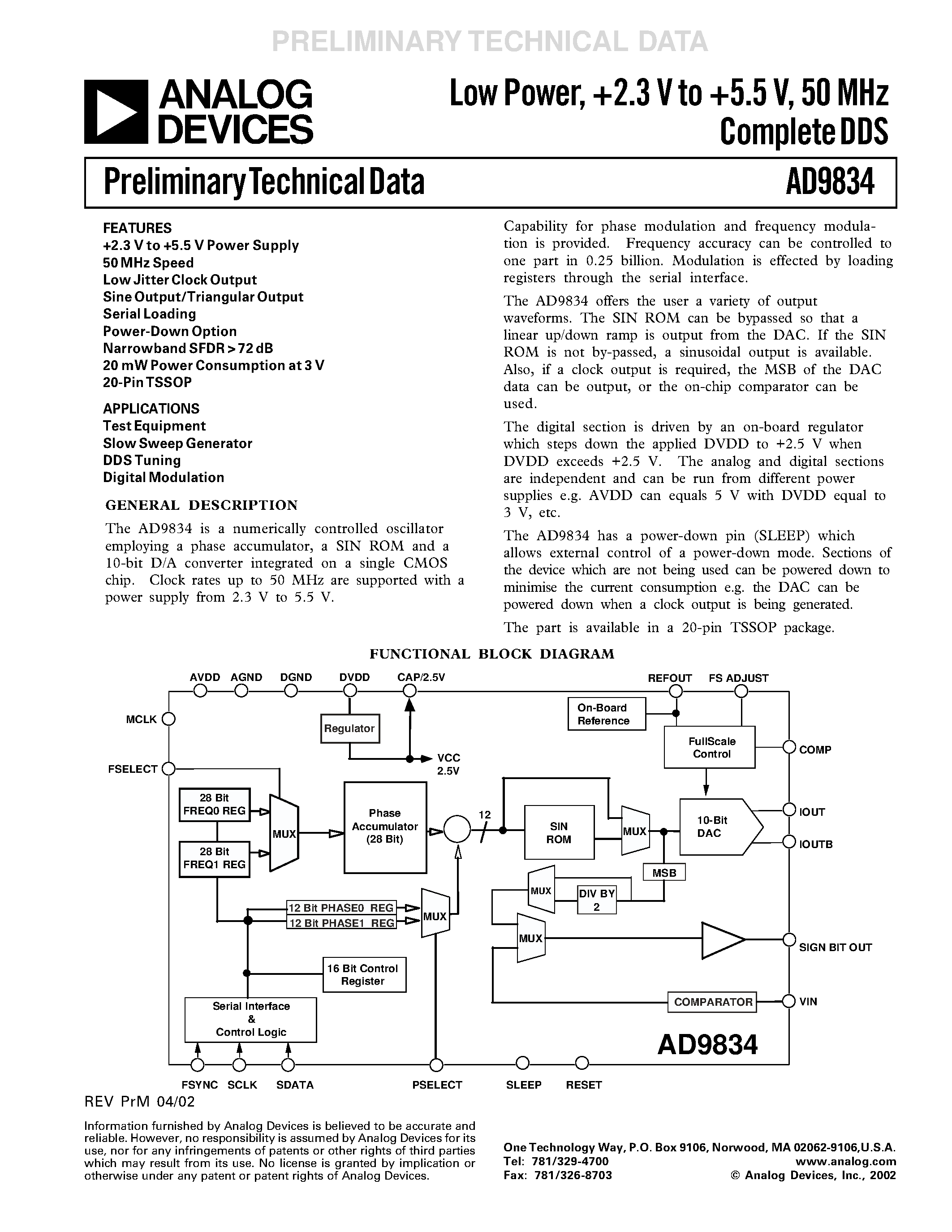 Datasheet AD9834 - Low Power/ +2.3 V to +5.5 V/ 50 MHz Complete DDS page 1