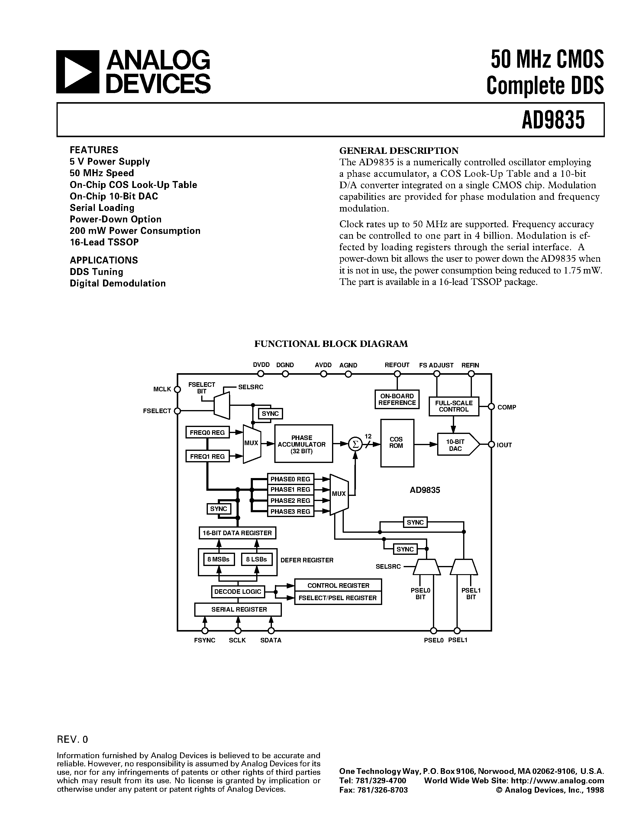 Datasheet AD9835 - 50 MHz CMOS Complete DDS page 1