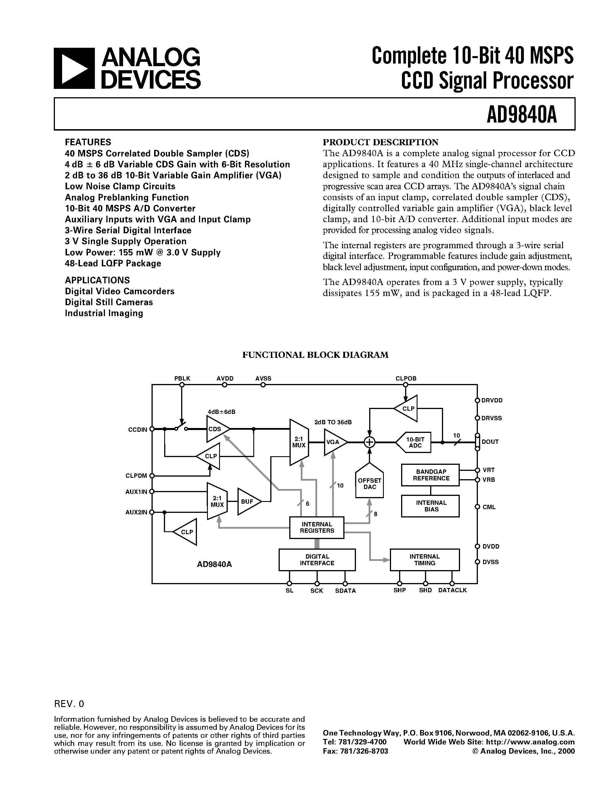 Datasheet AD9840 - Complete 10-Bit 40 MSPS CCD Signal Processor page 1