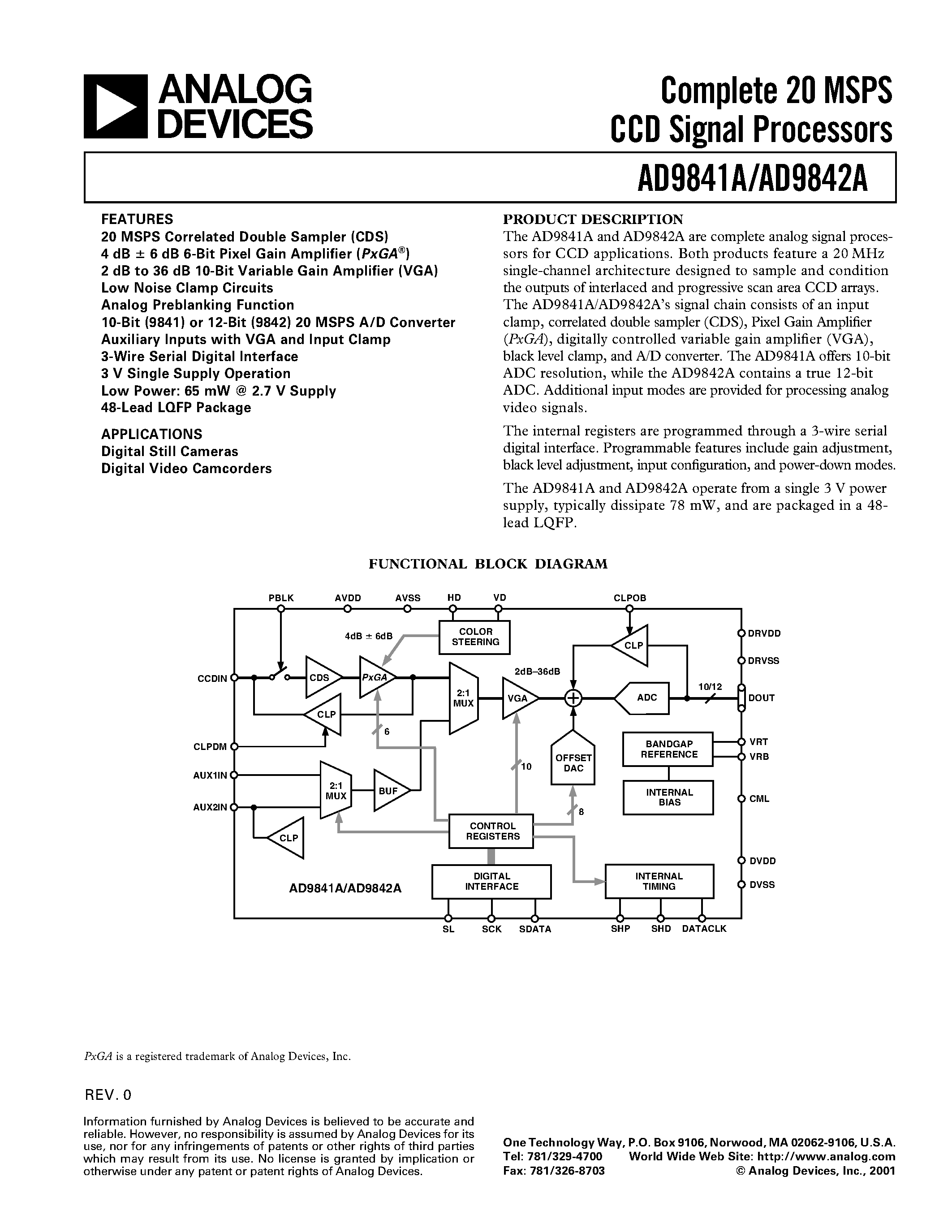 Datasheet AD9841A - Complete 20 MSPS CCD Signal Processors page 1